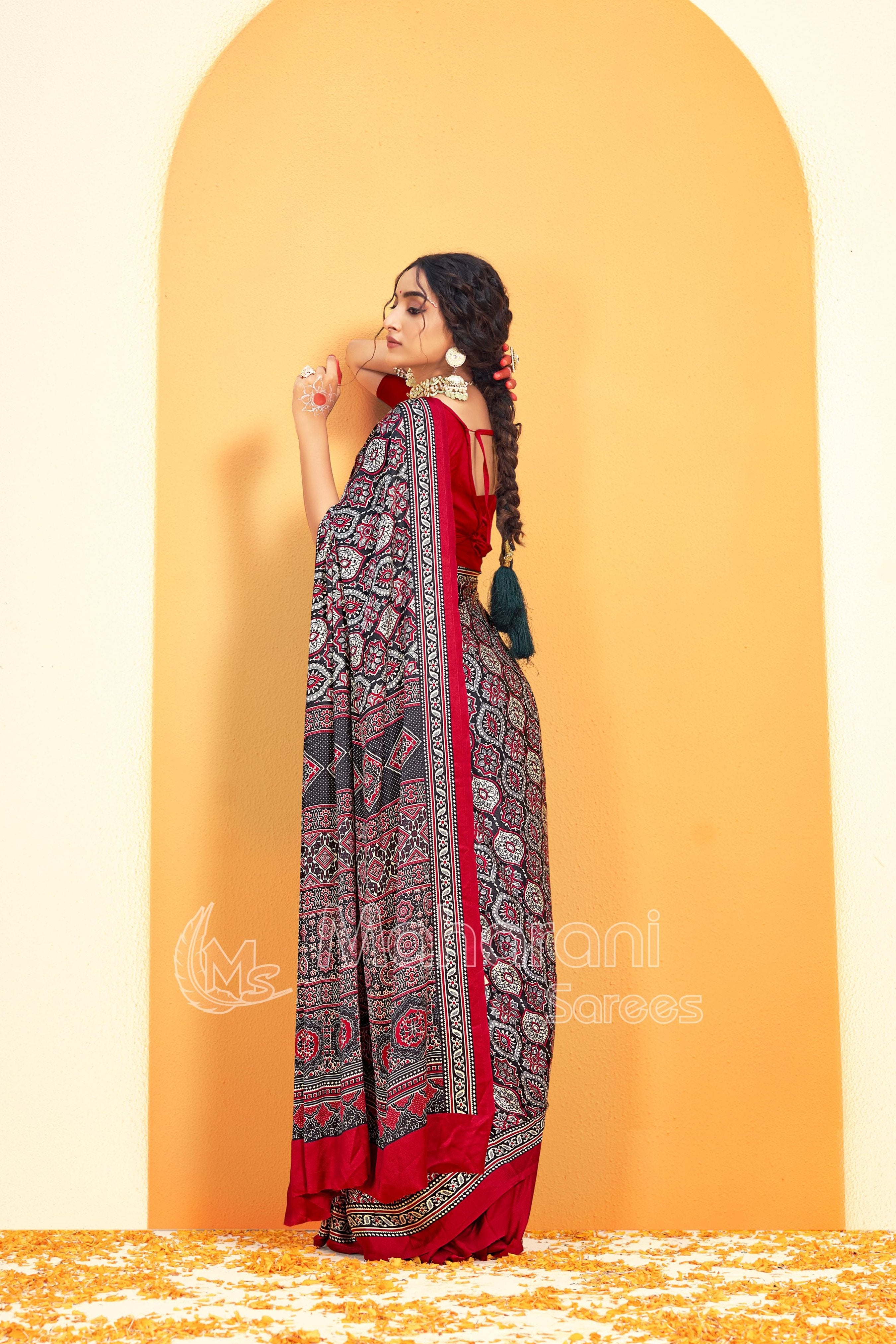 Maroon Border Ajrakh Printed Soft Modal Silk Natural Print Saree P5