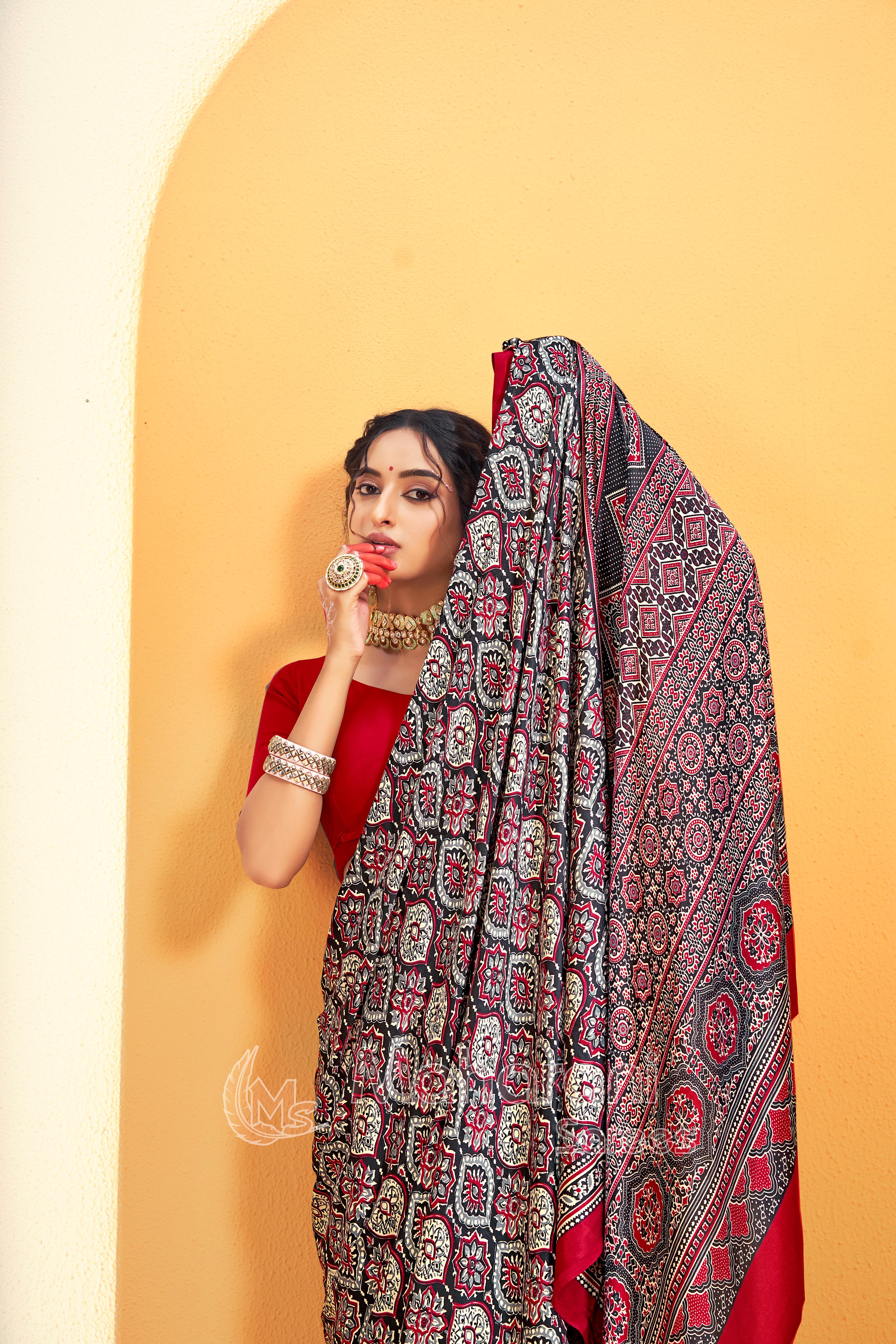 Maroon Border Ajrakh Printed Soft Modal Silk Natural Print Saree P5