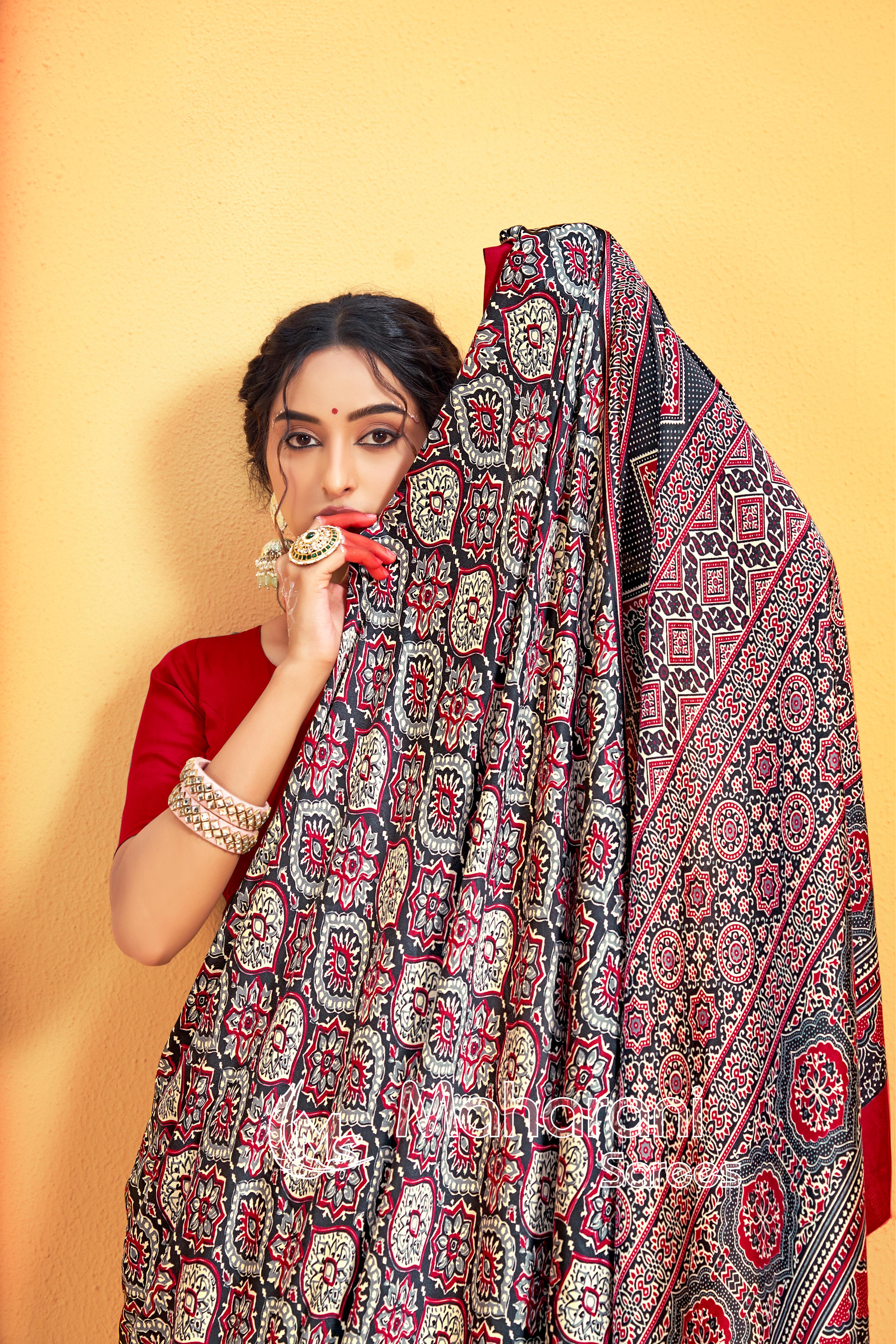 Maroon Border Ajrakh Printed Soft Modal Silk Natural Print Saree P5