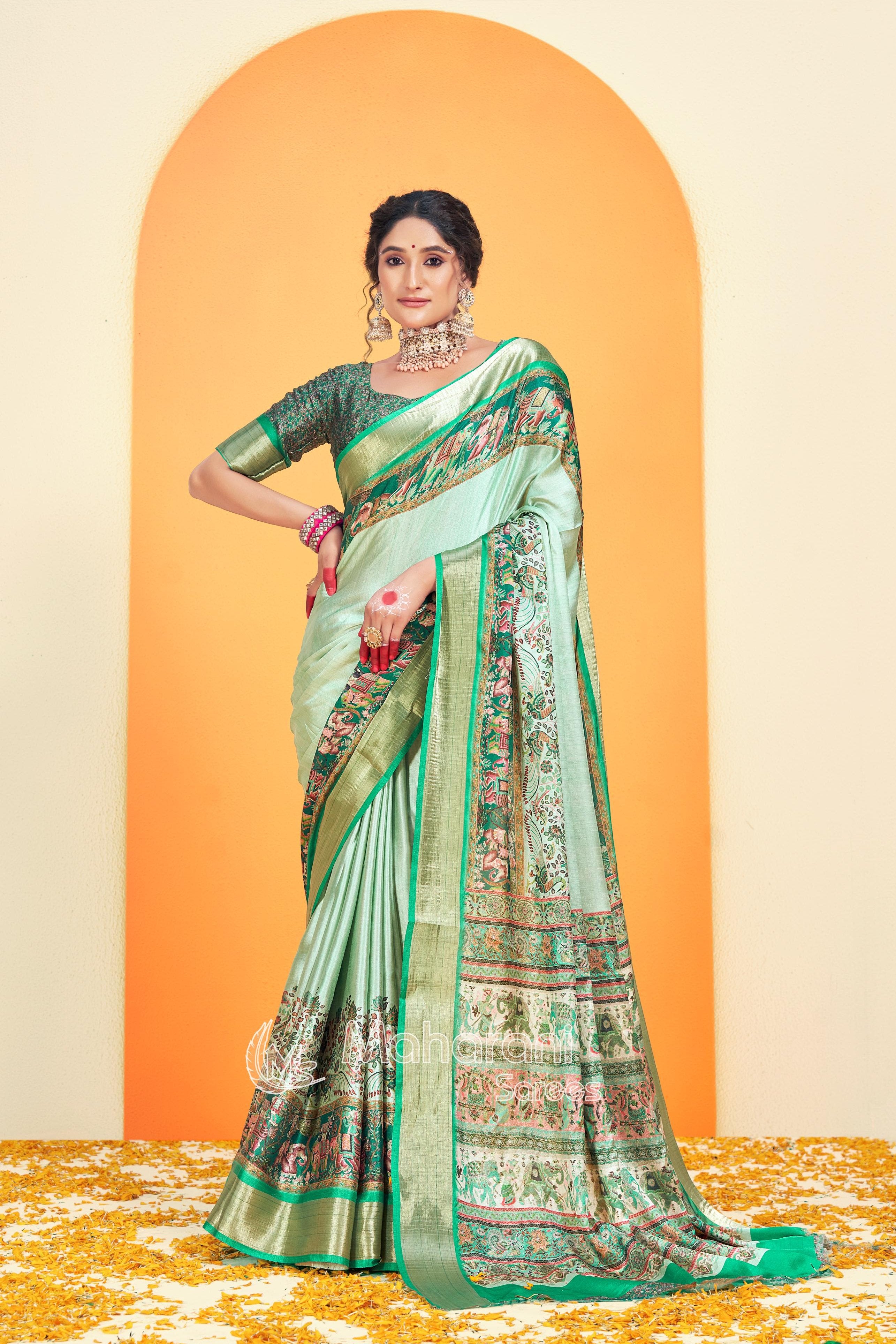 Green Cyan Kalmkari With Pashmina Design Mysore Silk Saree