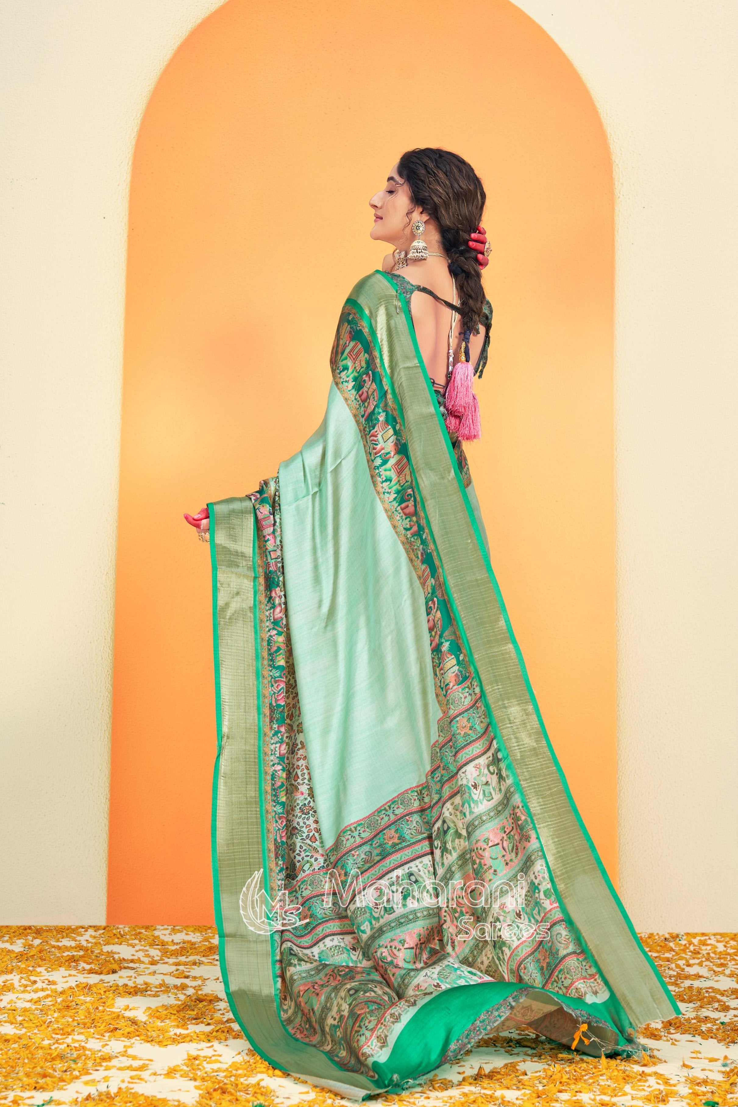 Green Cyan Kalmkari With Pashmina Design Mysore Silk Saree