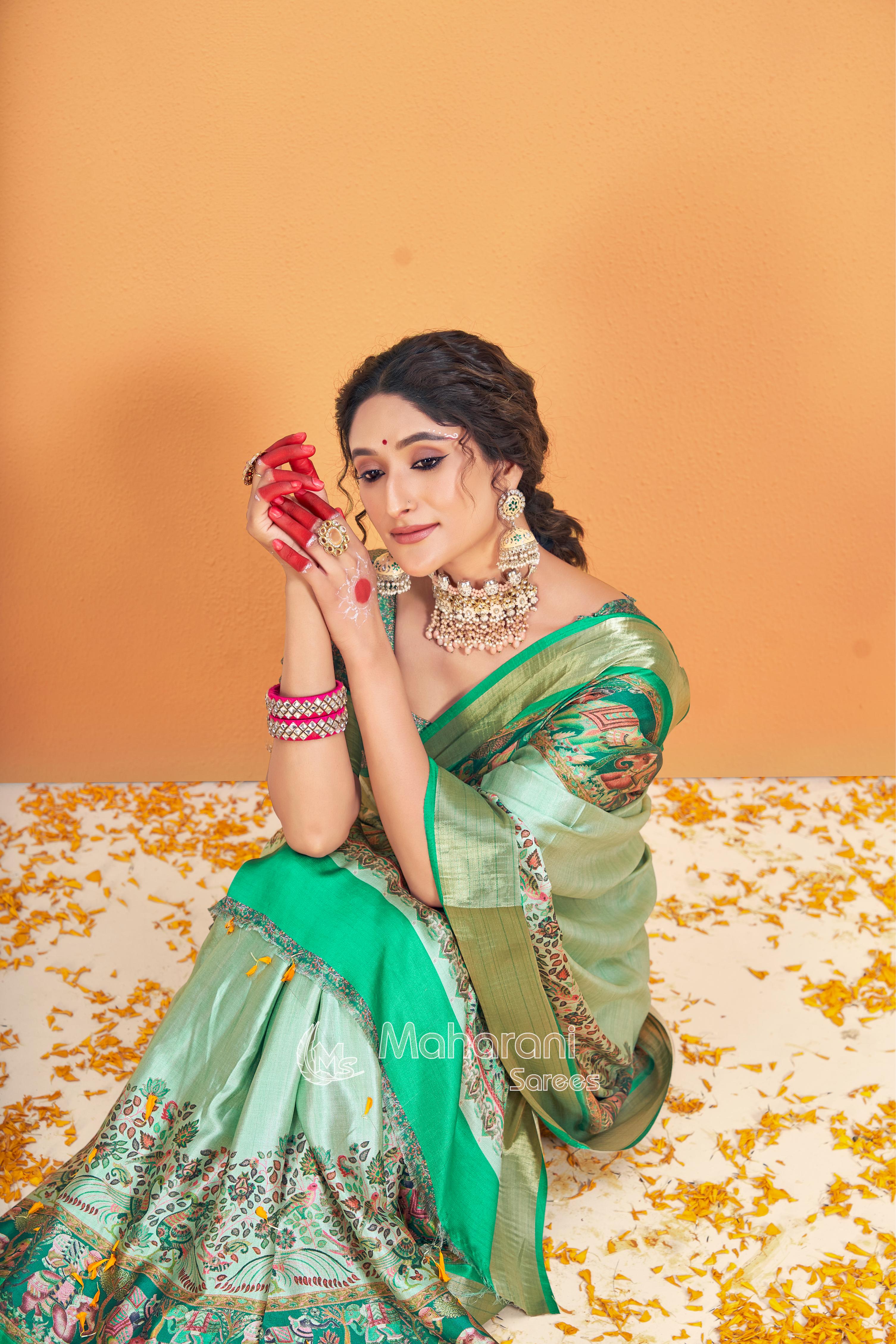 Green Cyan Kalmkari With Pashmina Design Mysore Silk Saree