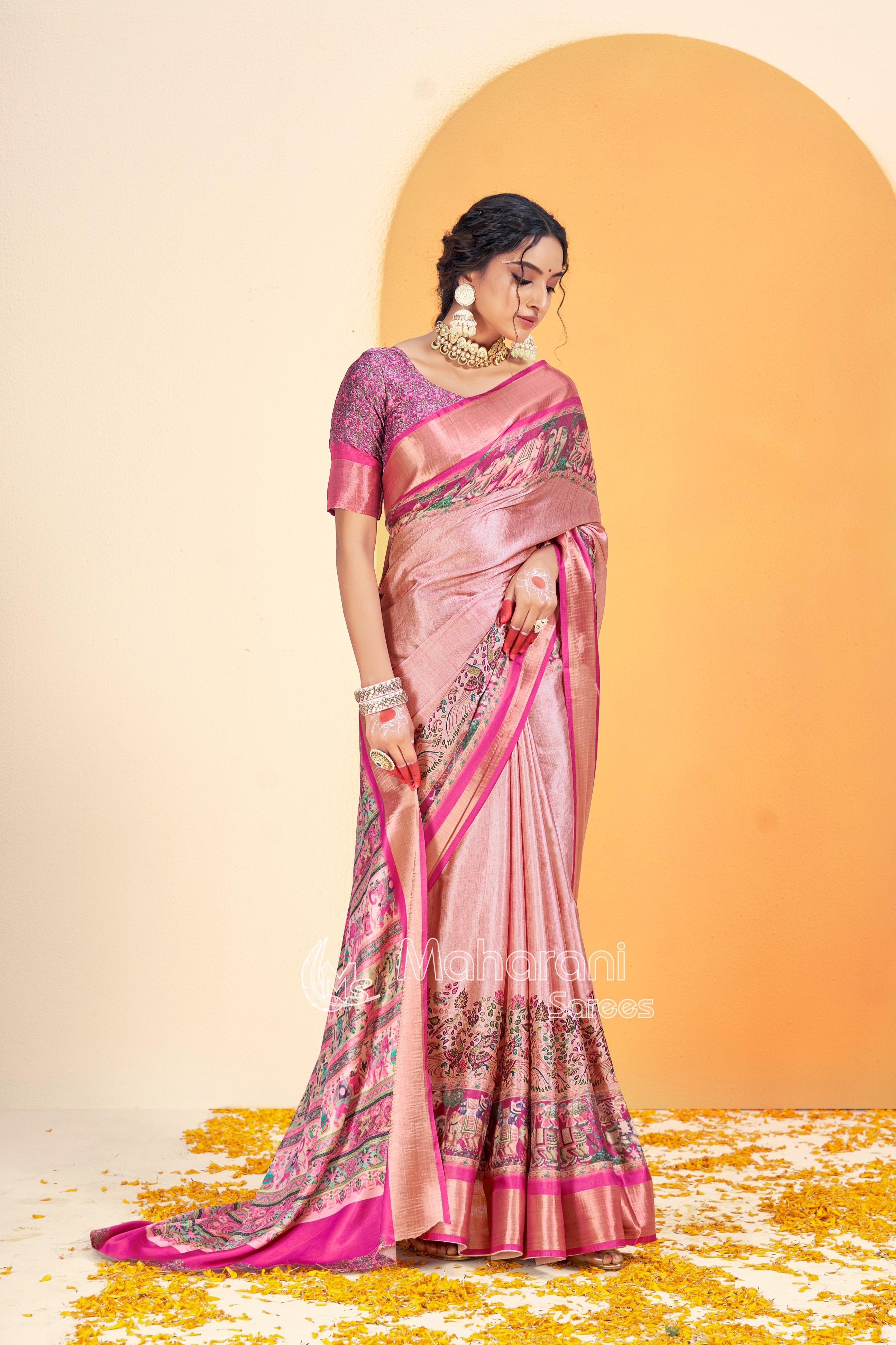 Pink Kalmkari With Pashmina Design Mysore Silk Saree