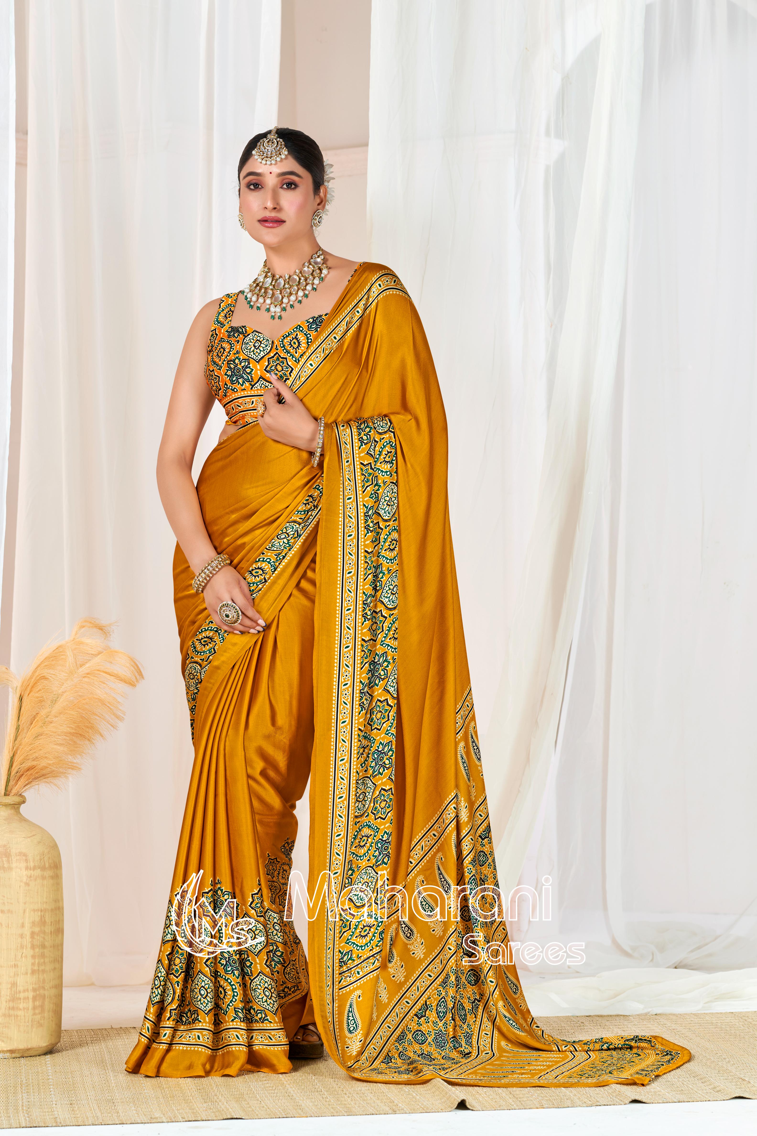 Yellow Ajrakh Printed Modal Silk Plain Saree With Ajrakh Blouse P6