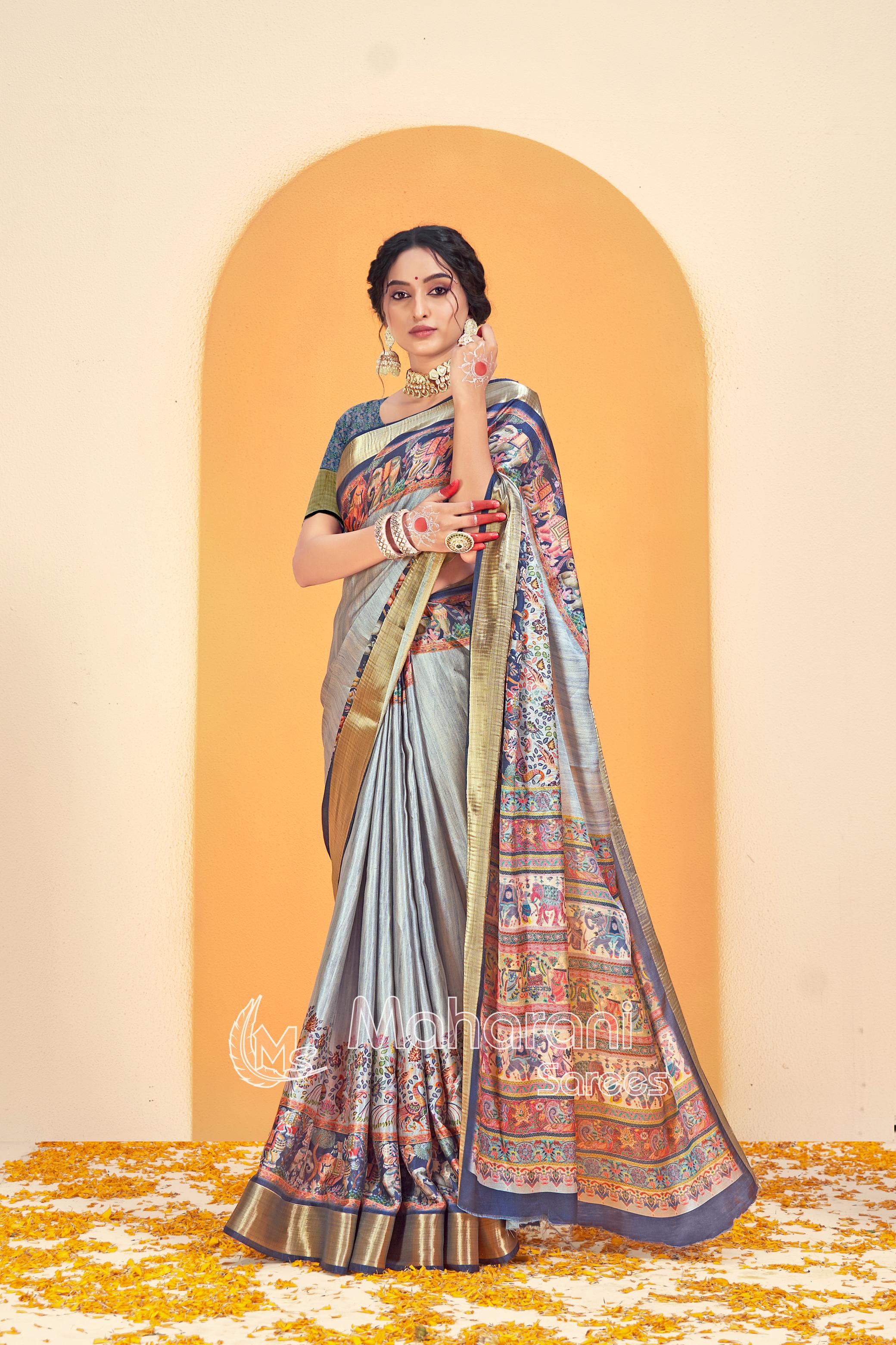 Cyan Blue Kalmkari With Pashmina Design Mysore Silk Saree