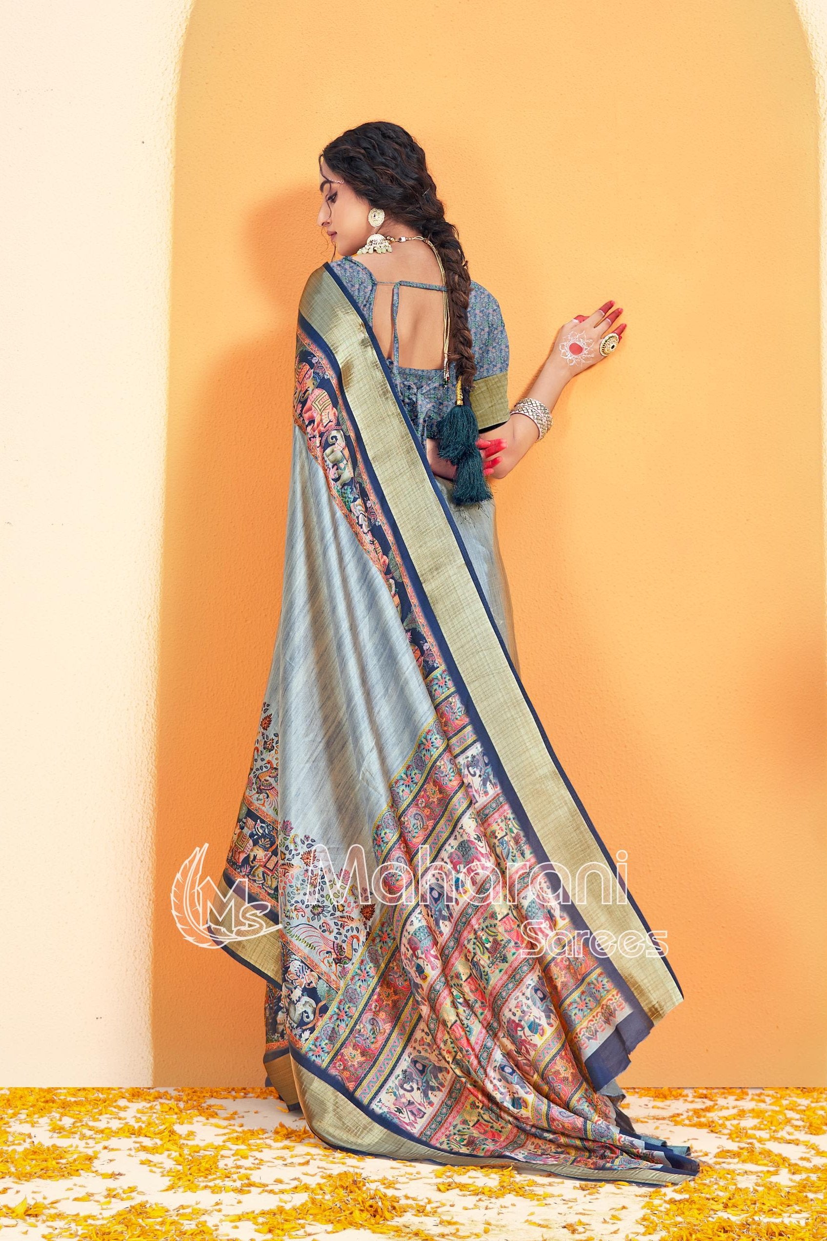 Cyan Blue Kalmkari With Pashmina Design Mysore Silk Saree