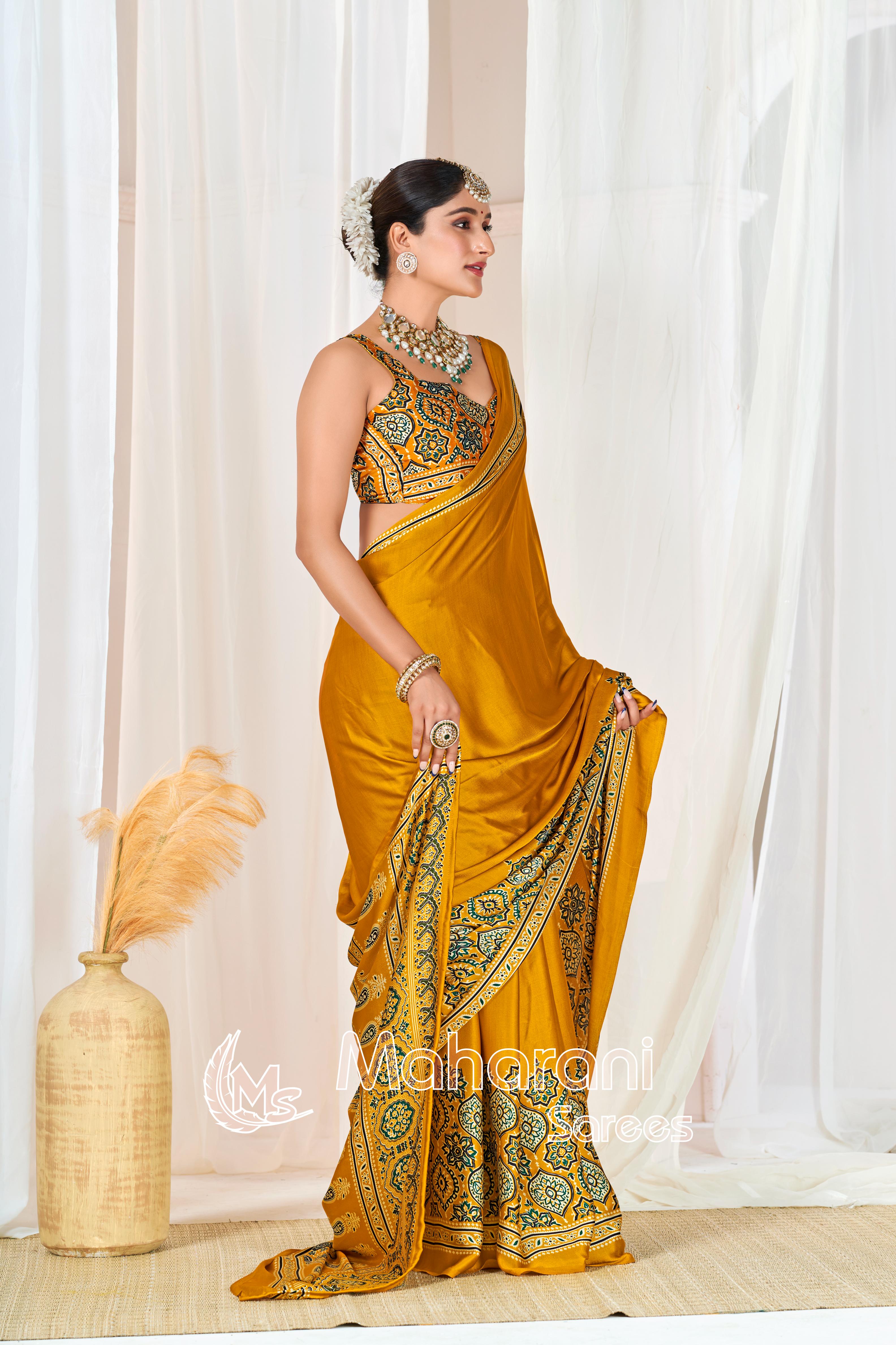 Yellow Ajrakh Printed Modal Silk Plain Saree With Ajrakh Blouse P6