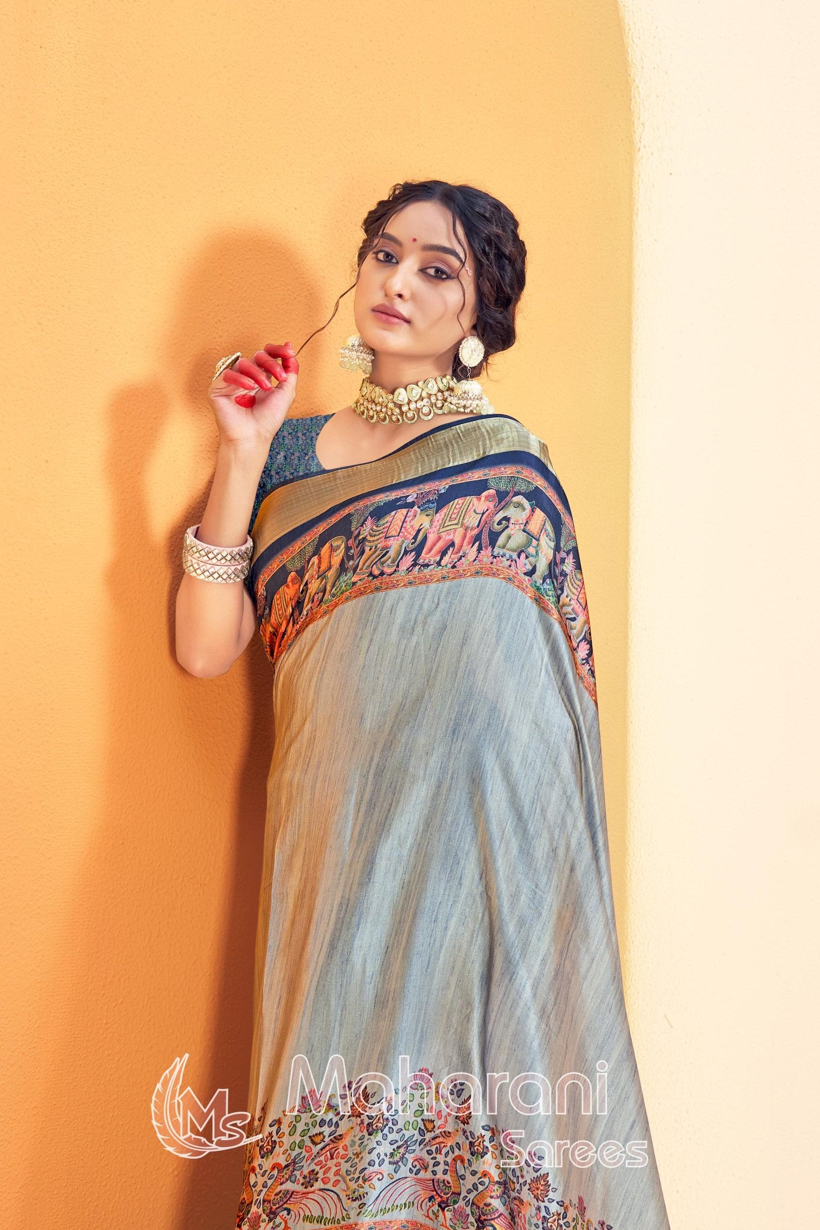 Cyan Blue Kalmkari With Pashmina Design Mysore Silk Saree