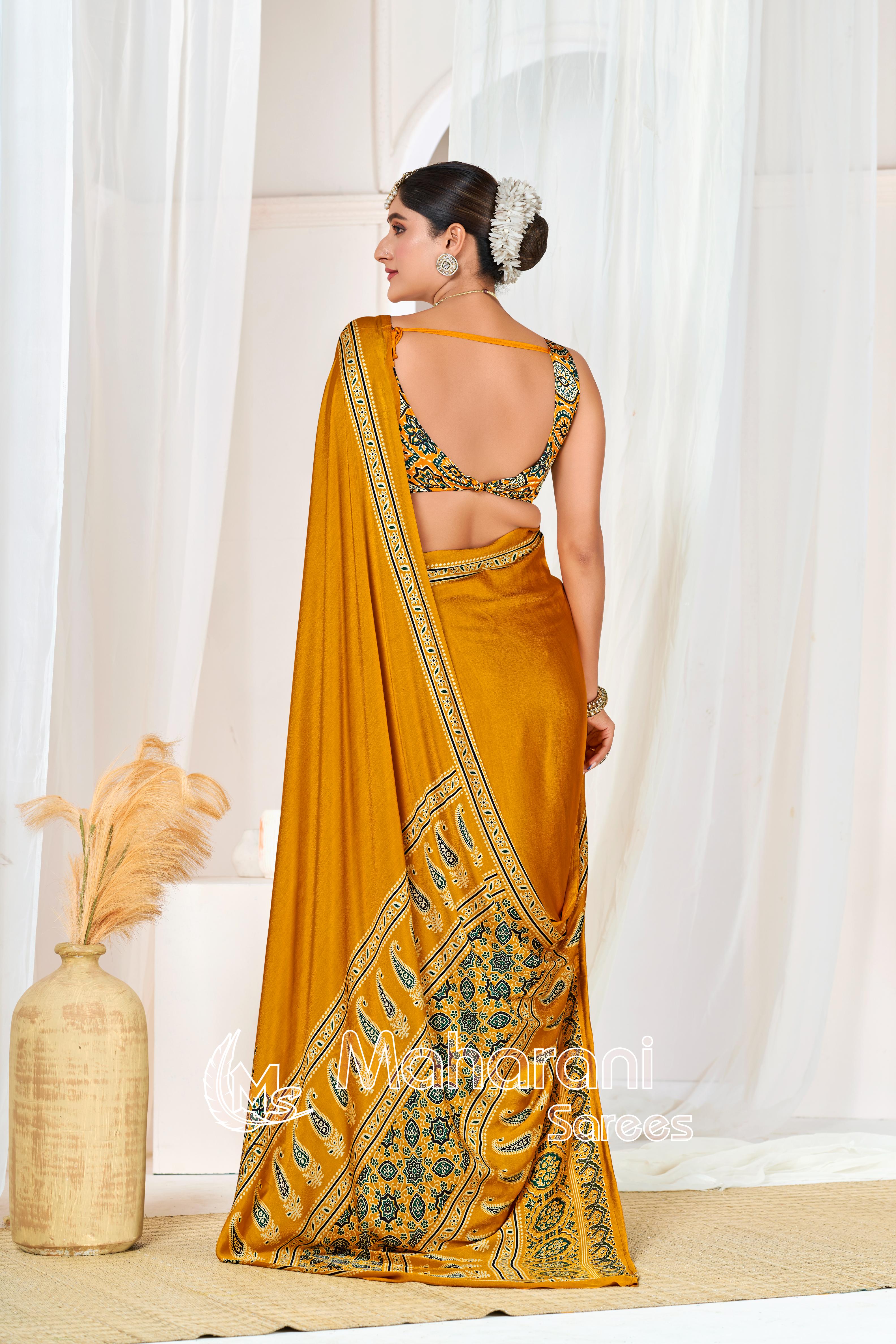 Yellow Ajrakh Printed Modal Silk Plain Saree With Ajrakh Blouse P6