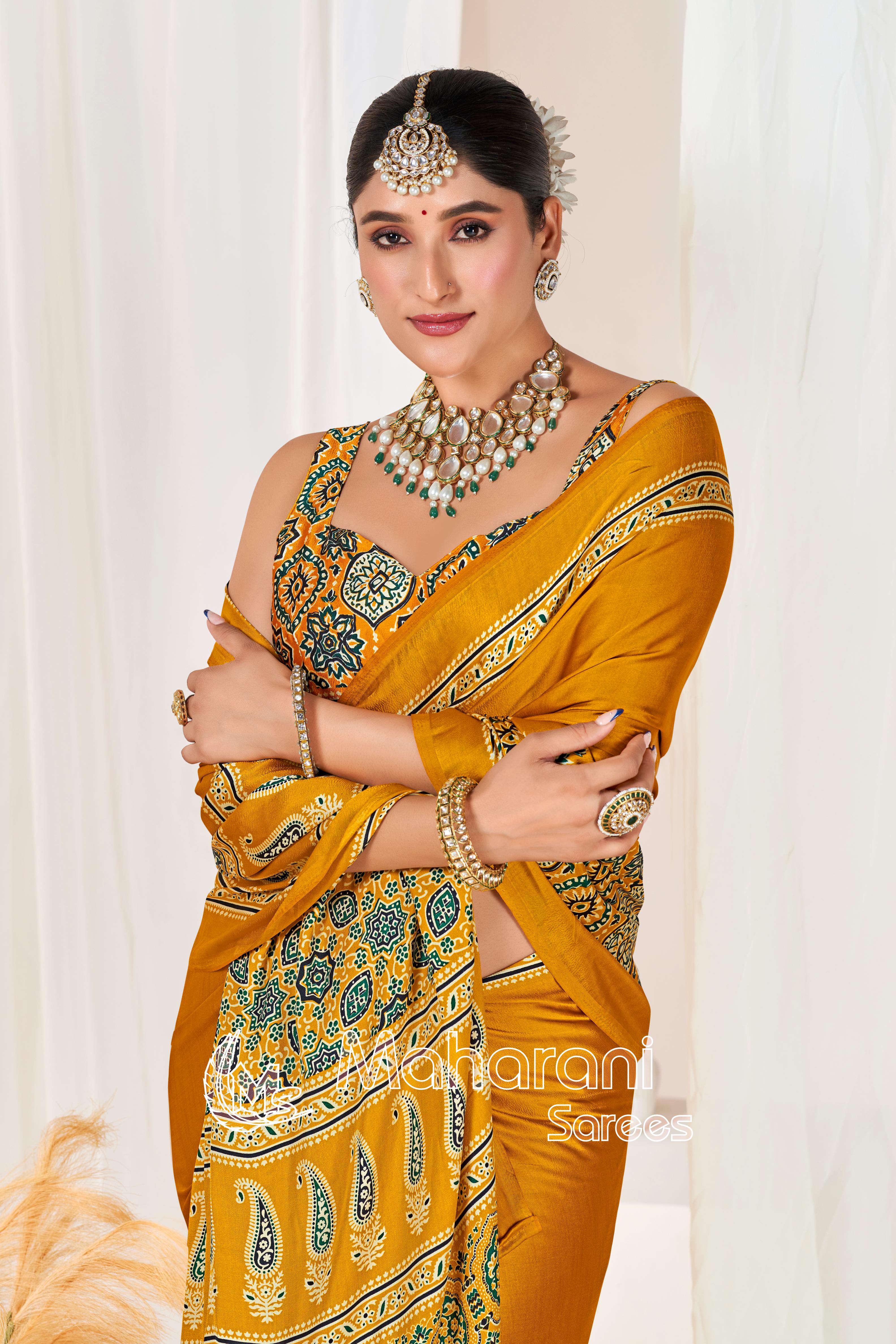 Yellow Ajrakh Printed Modal Silk Plain Saree With Ajrakh Blouse P6