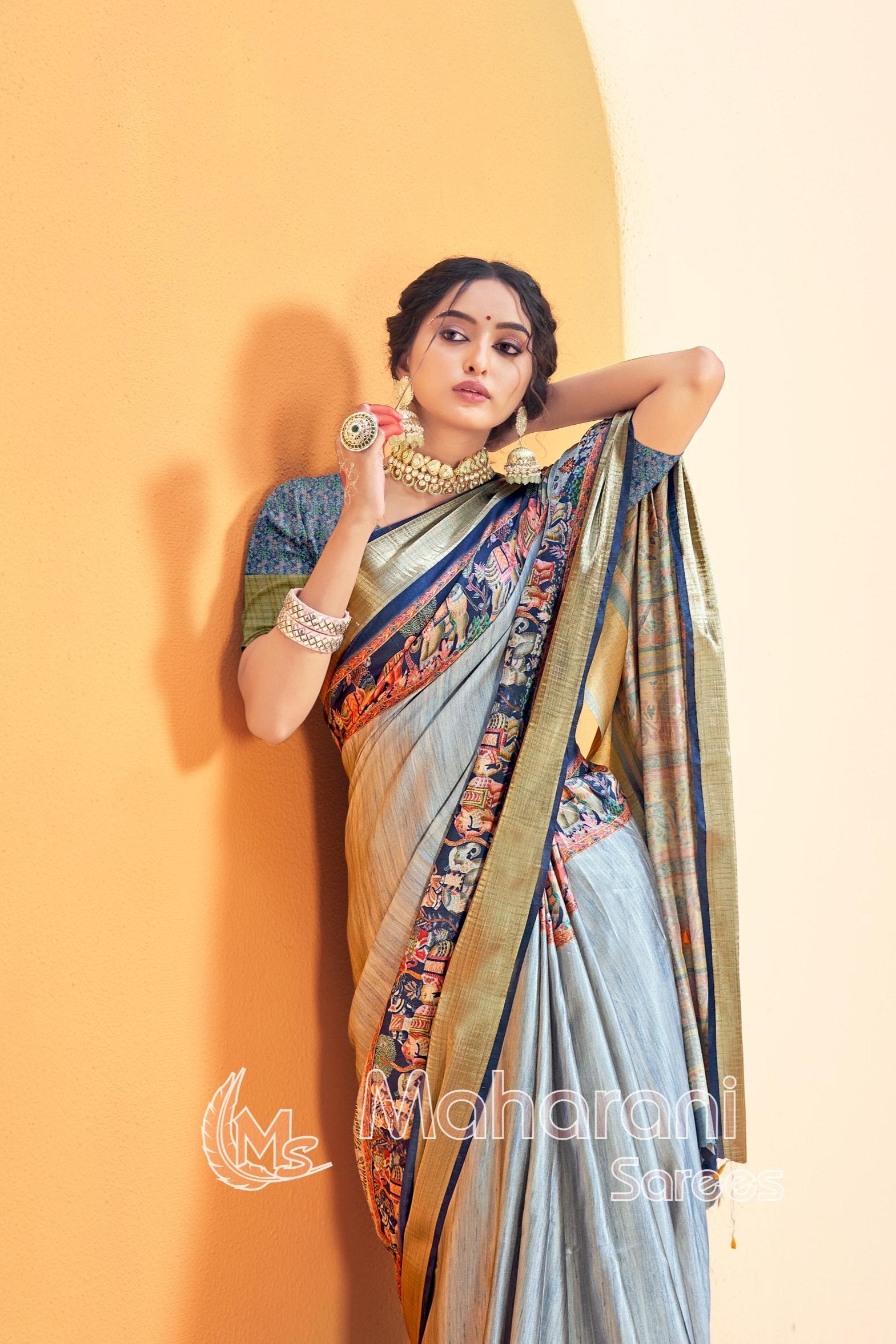 Cyan Blue Kalmkari With Pashmina Design Mysore Silk Saree