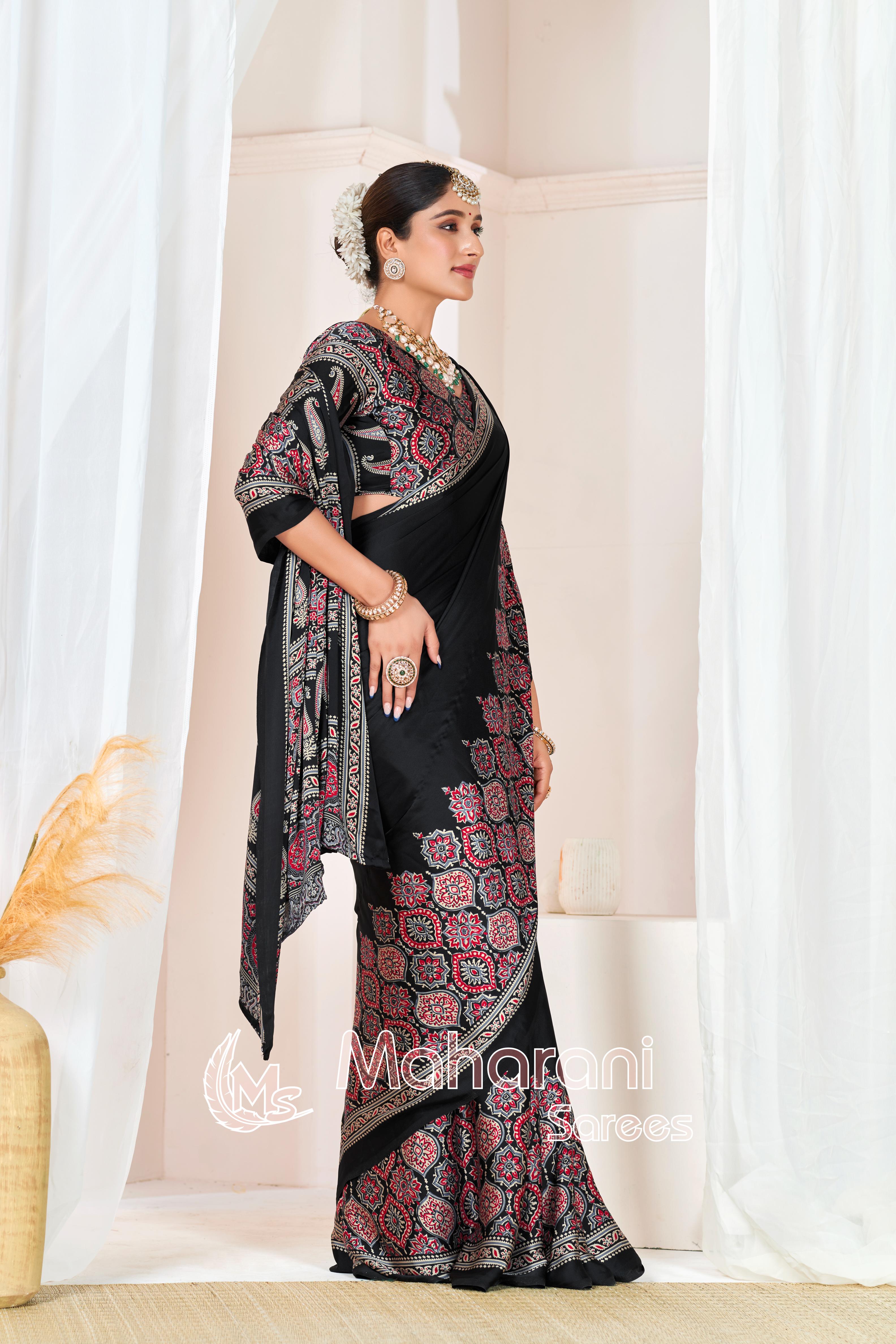 Black Ajrakh Printed Modal Silk Plain Saree With Ajrakh Blouse P6