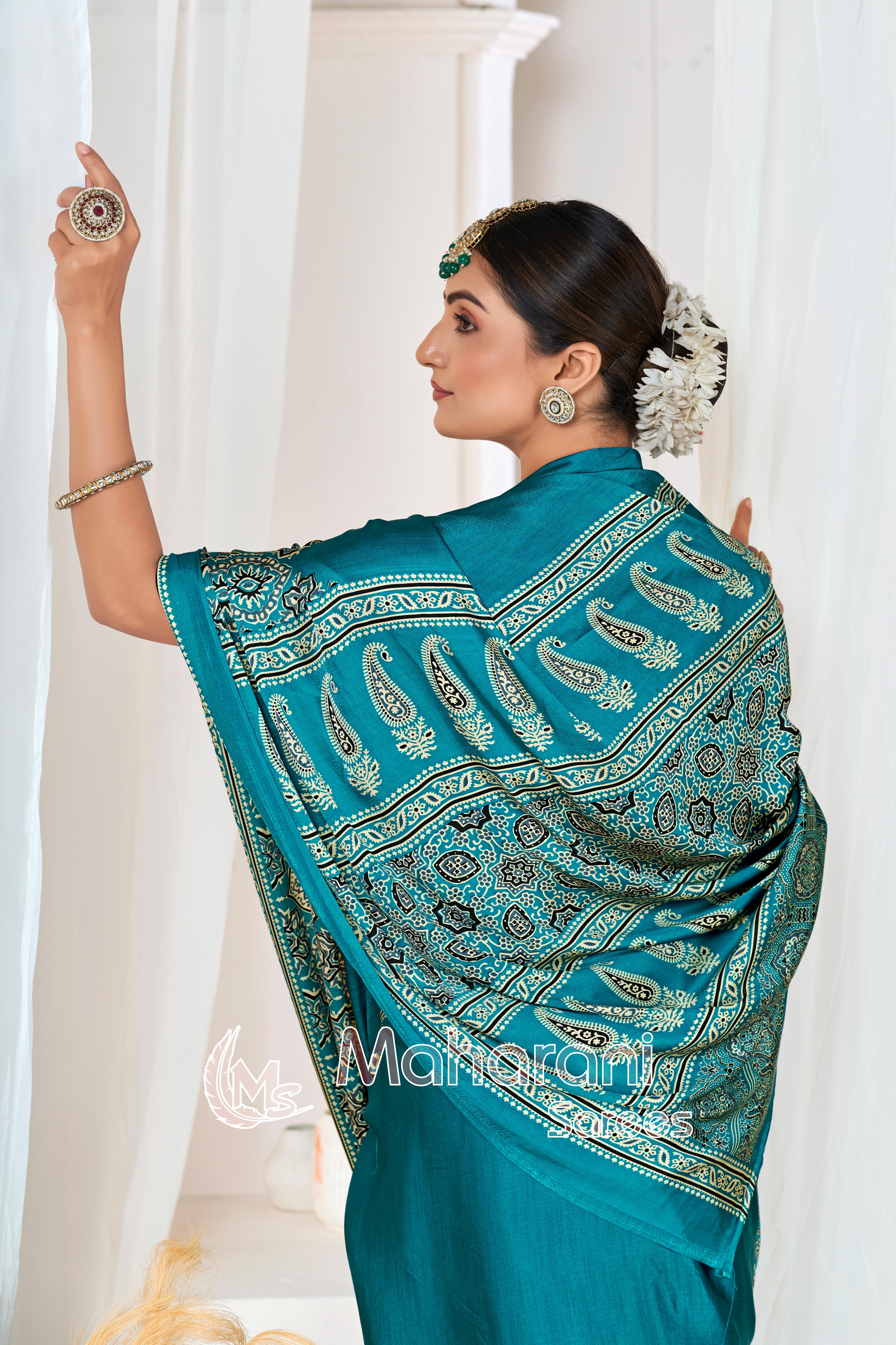 Rama Ajrakh Printed Modal Silk Plain Saree With Ajrakh Blouse P6