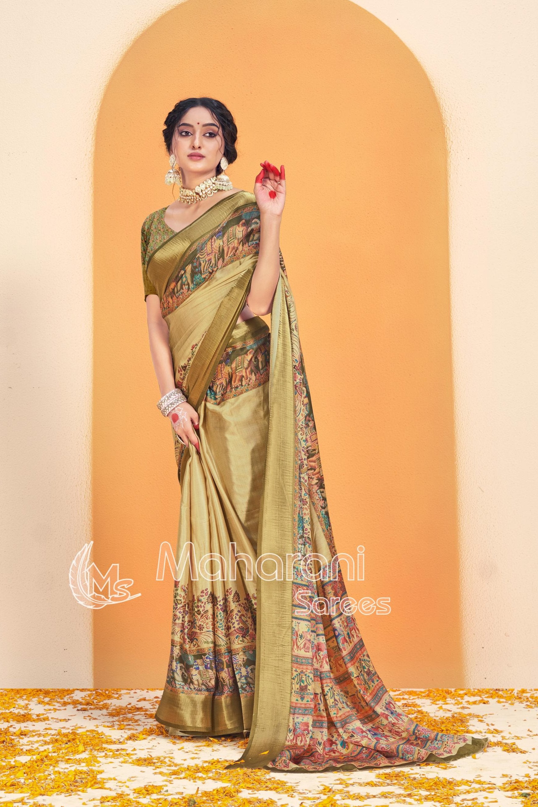 Yellowish Mustard Kalmkari With Pashmina Design Mysore Silk Saree