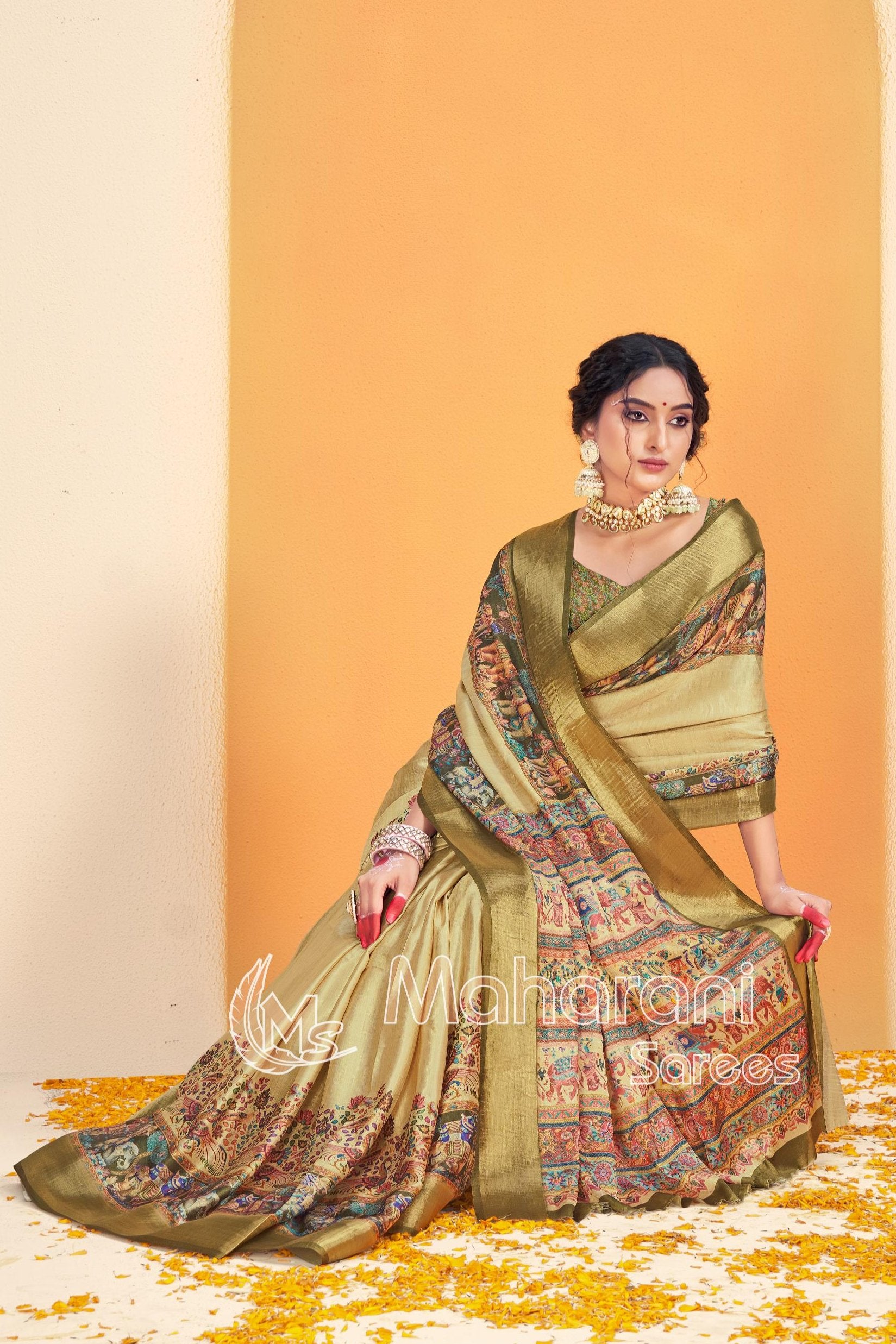 Yellowish Mustard Kalmkari With Pashmina Design Mysore Silk Saree