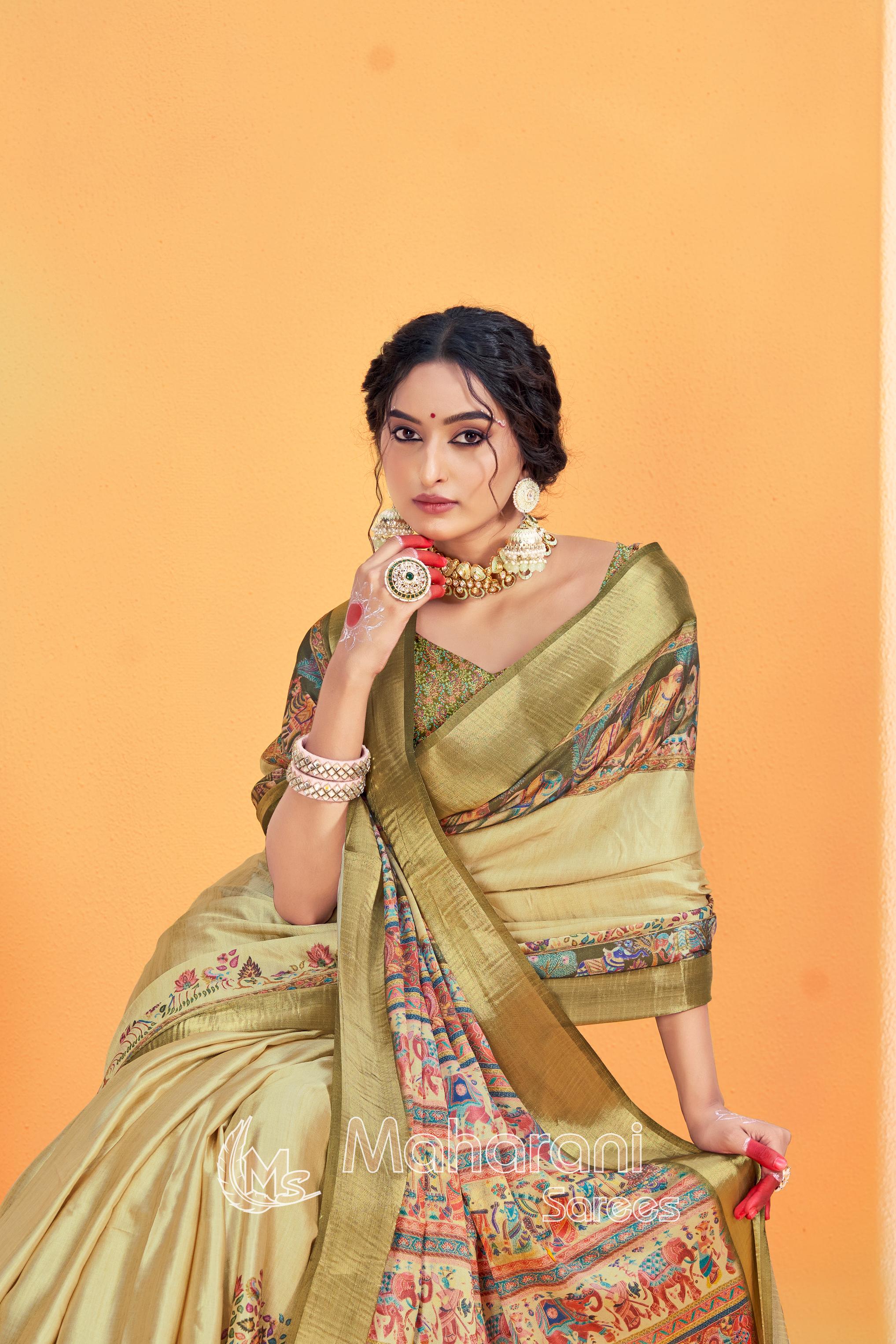 Yellowish Mustard Kalmkari With Pashmina Design Mysore Silk Saree