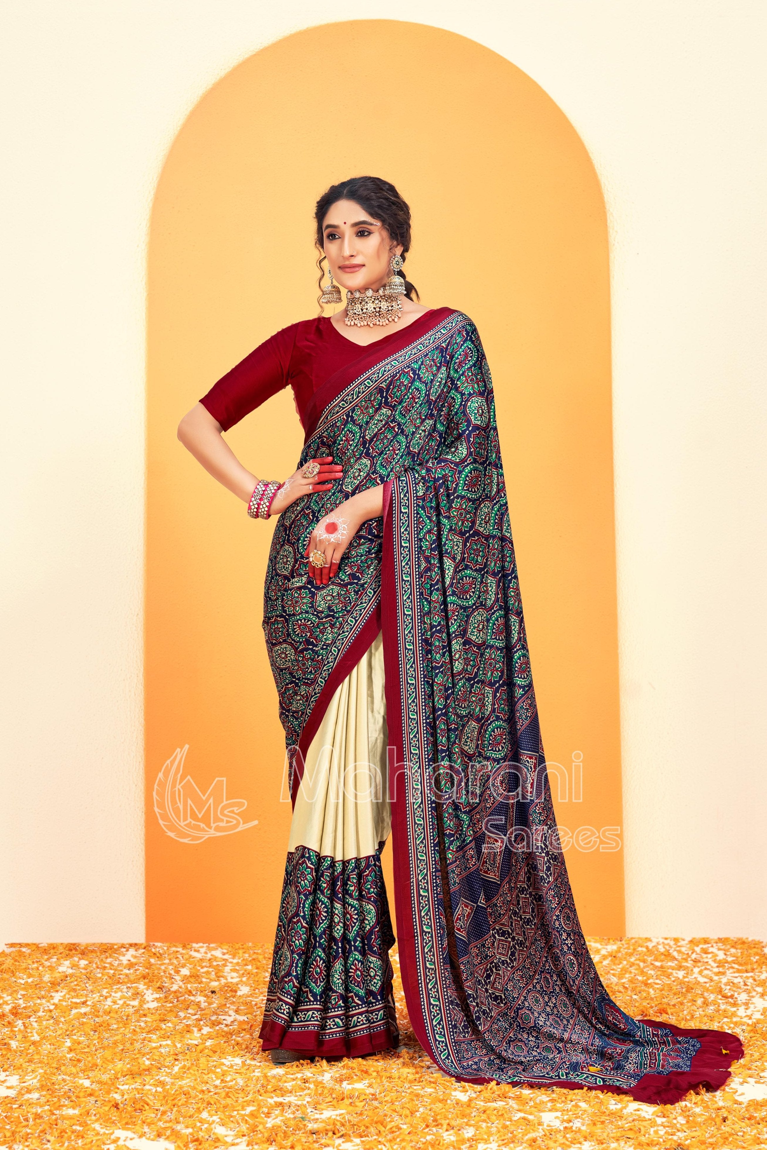 Maroon and Blue Ajrakh Printed Soft Modal Silk Natural Print Saree P5