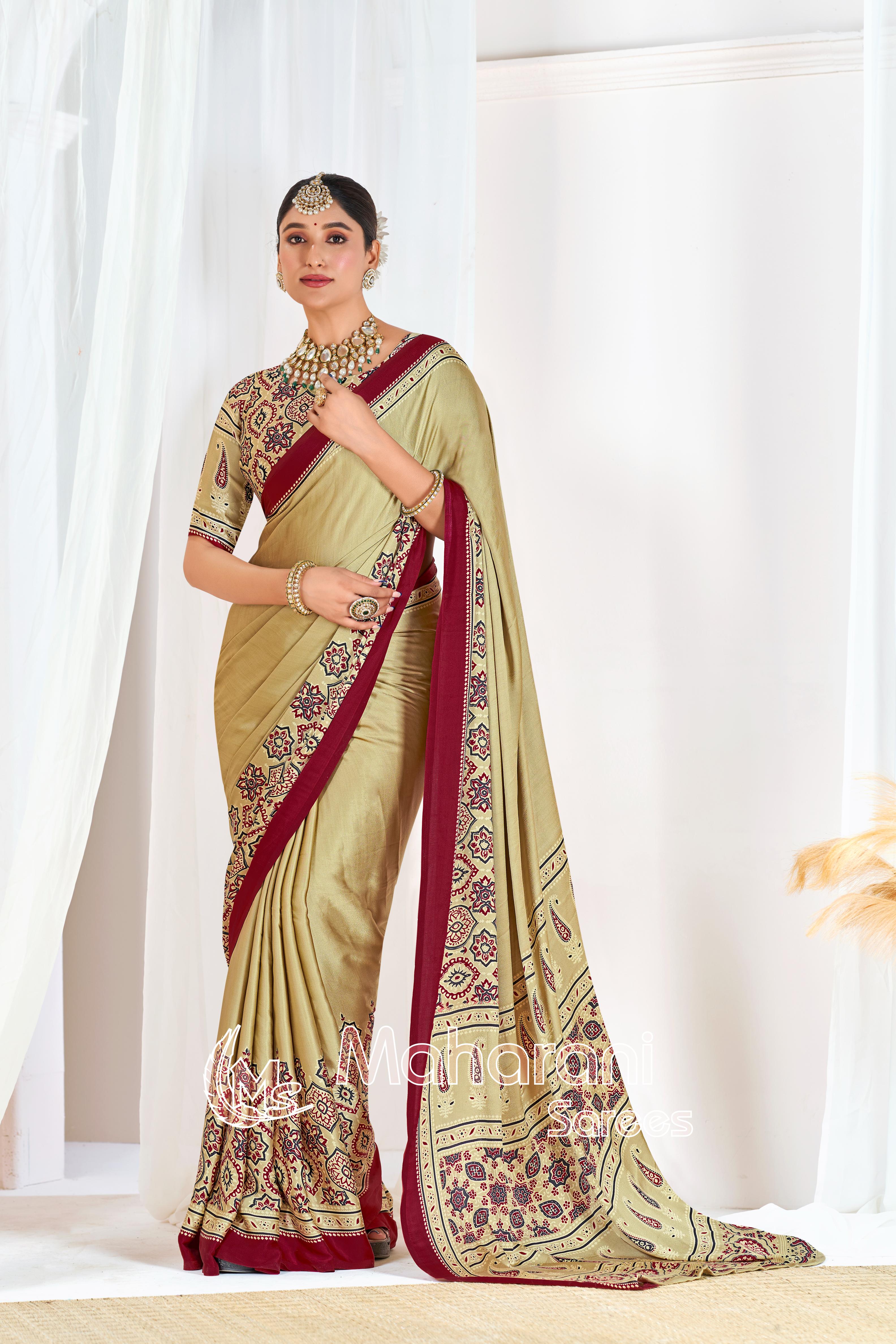 Cream Ajrakh Printed Modal Silk Plain Saree With Ajrakh Blouse P6