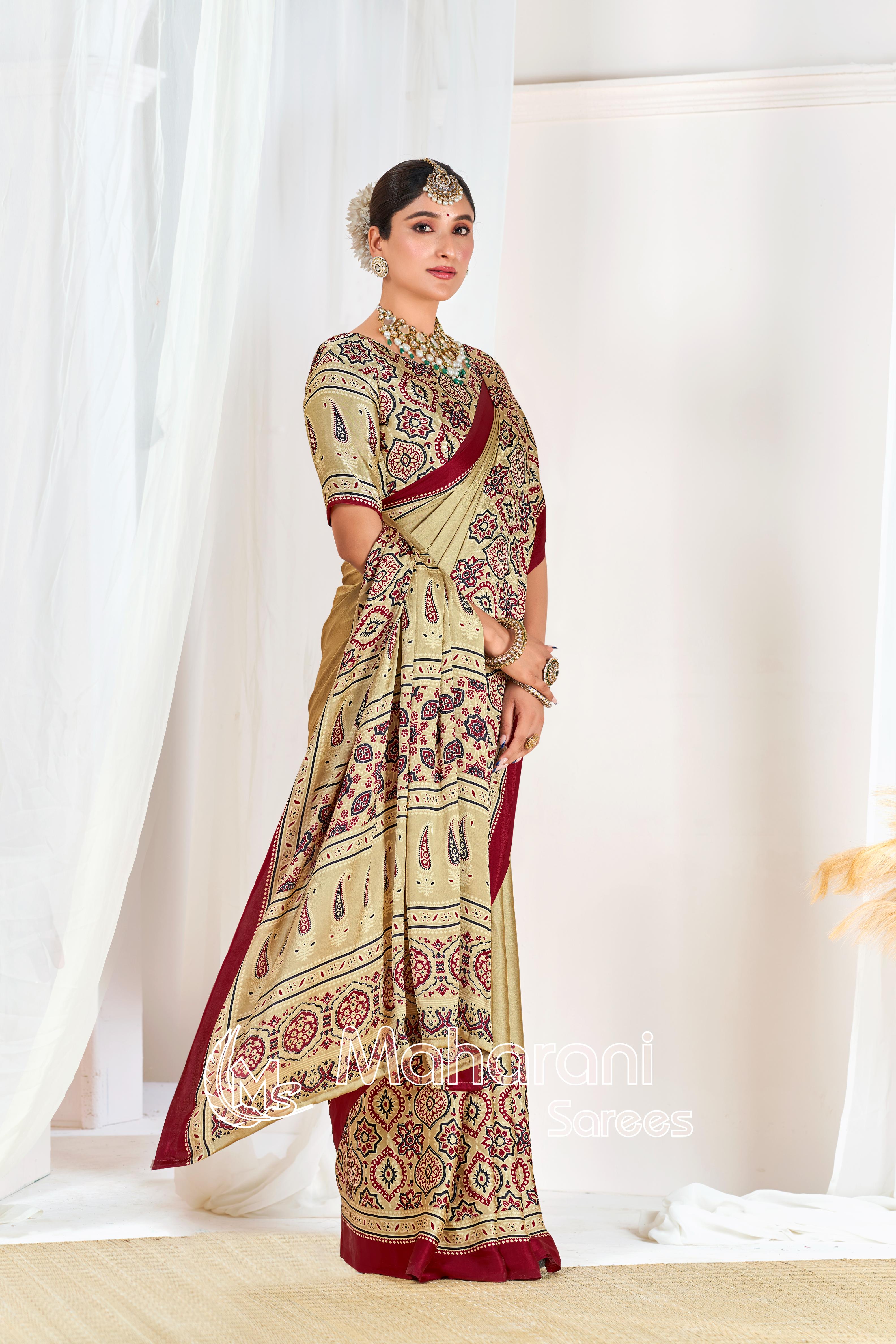 Cream Ajrakh Printed Modal Silk Plain Saree With Ajrakh Blouse P6