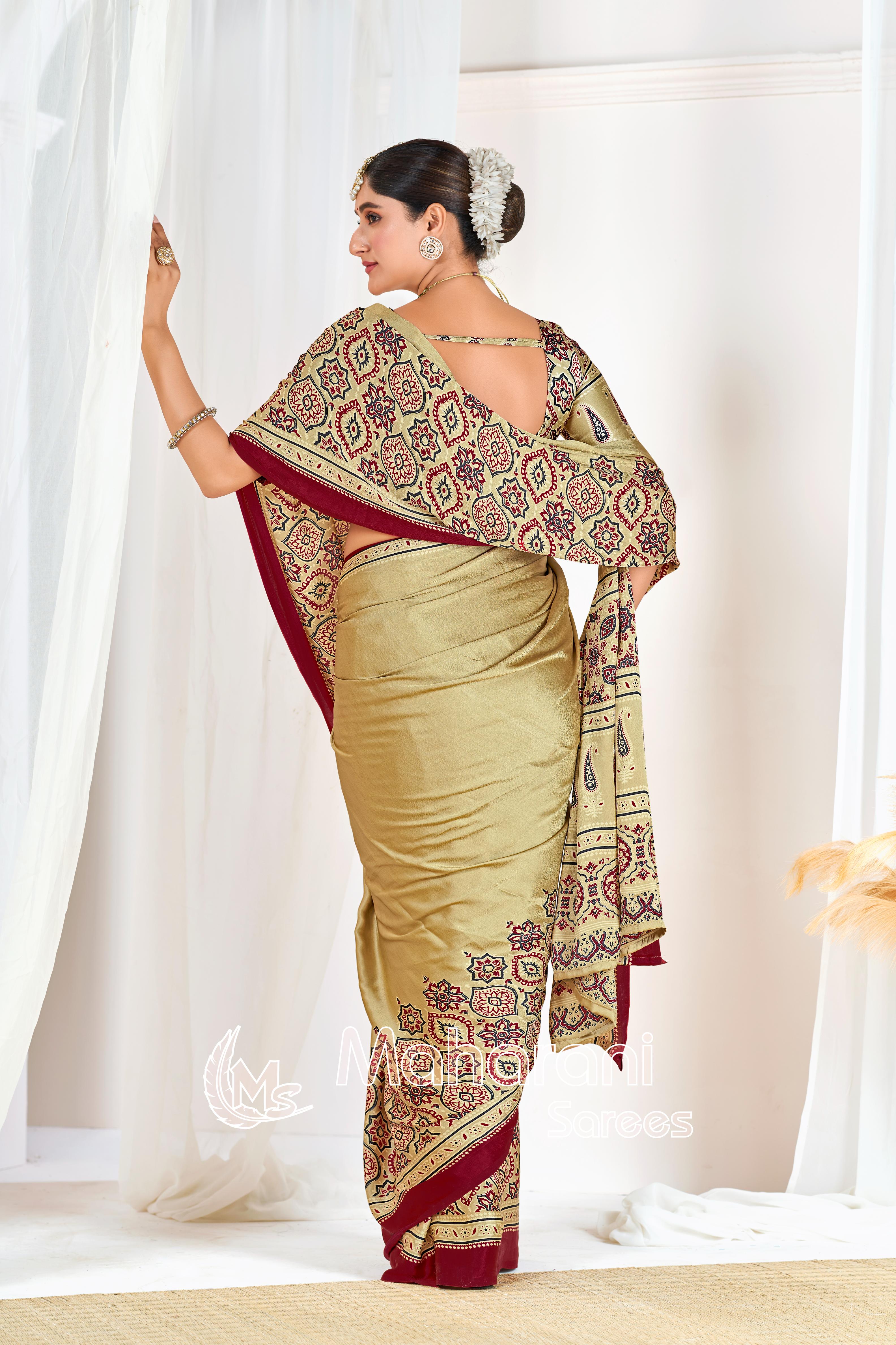 Cream Ajrakh Printed Modal Silk Plain Saree With Ajrakh Blouse P6