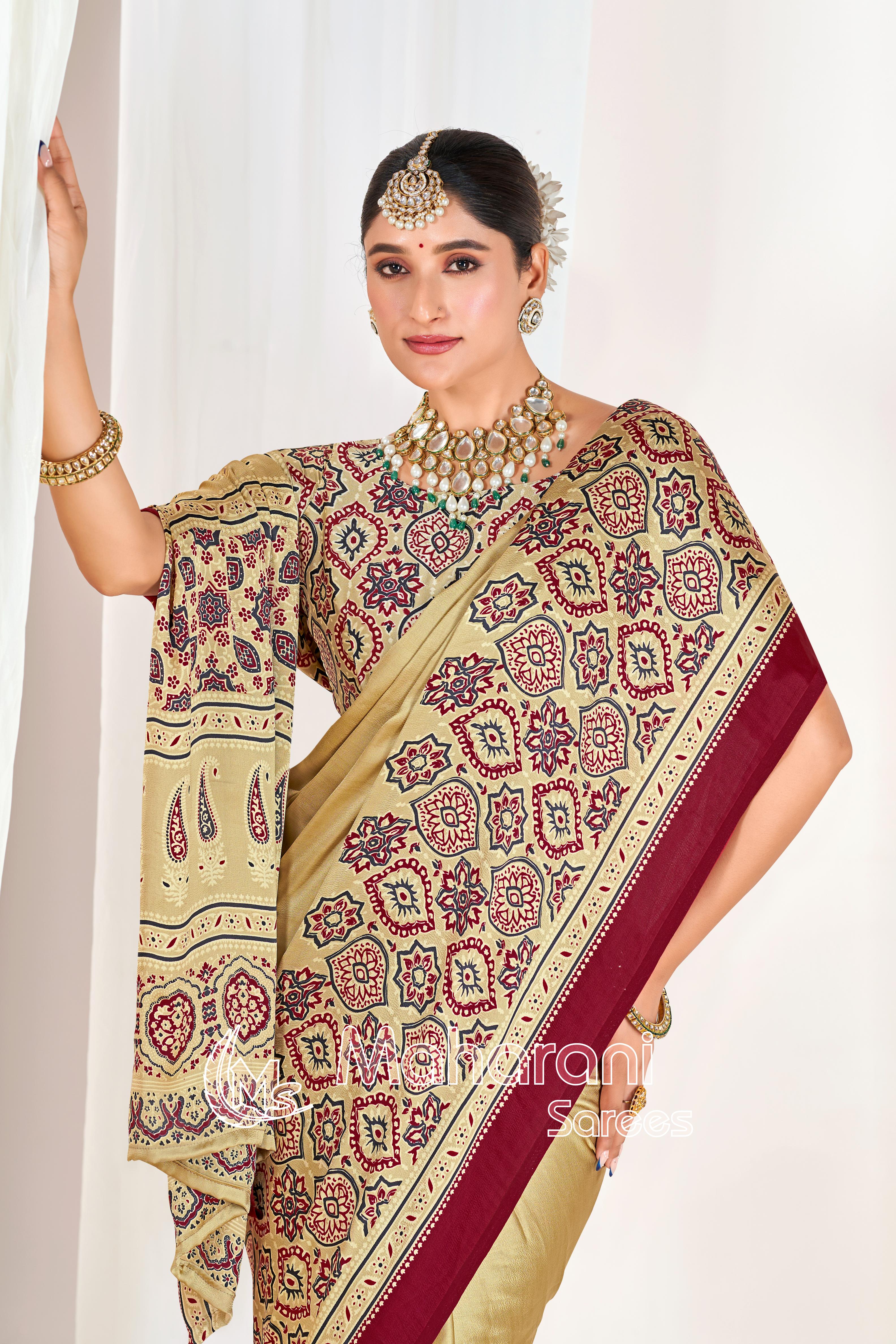 Cream Ajrakh Printed Modal Silk Plain Saree With Ajrakh Blouse P6