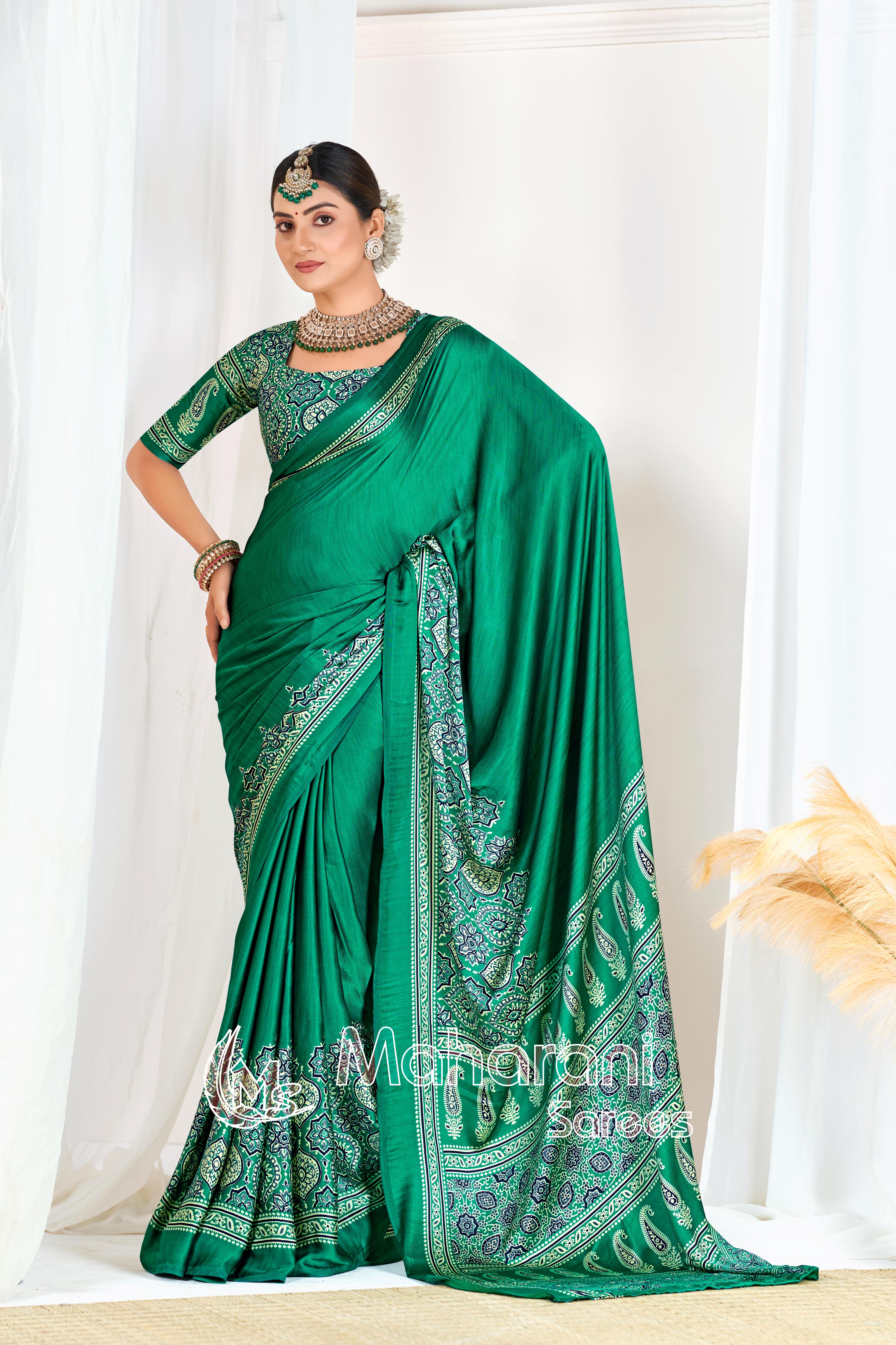 Sea Green Ajrakh Printed Modal Silk Plain Saree With Ajrakh Blouse P6