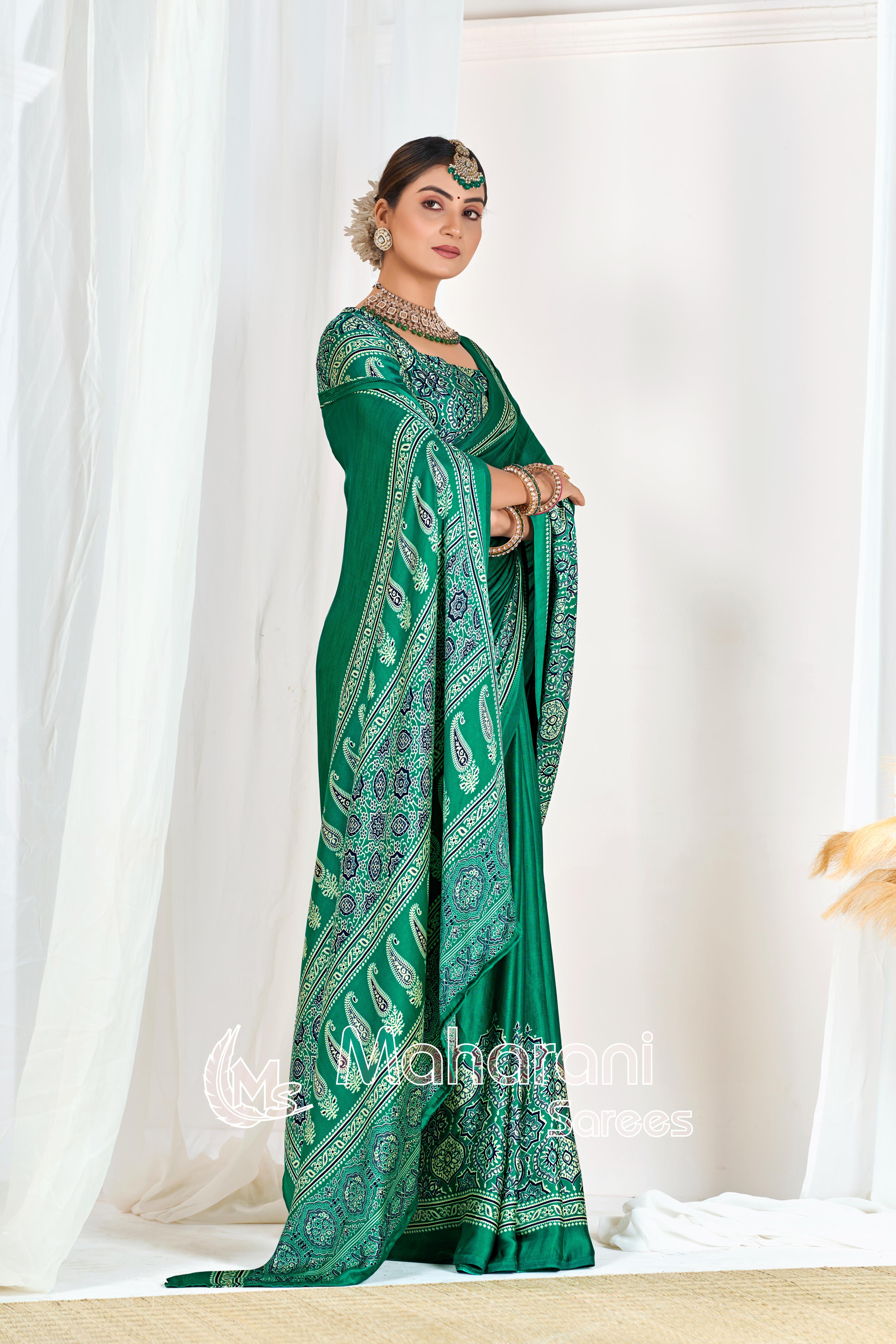 Sea Green Ajrakh Printed Modal Silk Plain Saree With Ajrakh Blouse P6