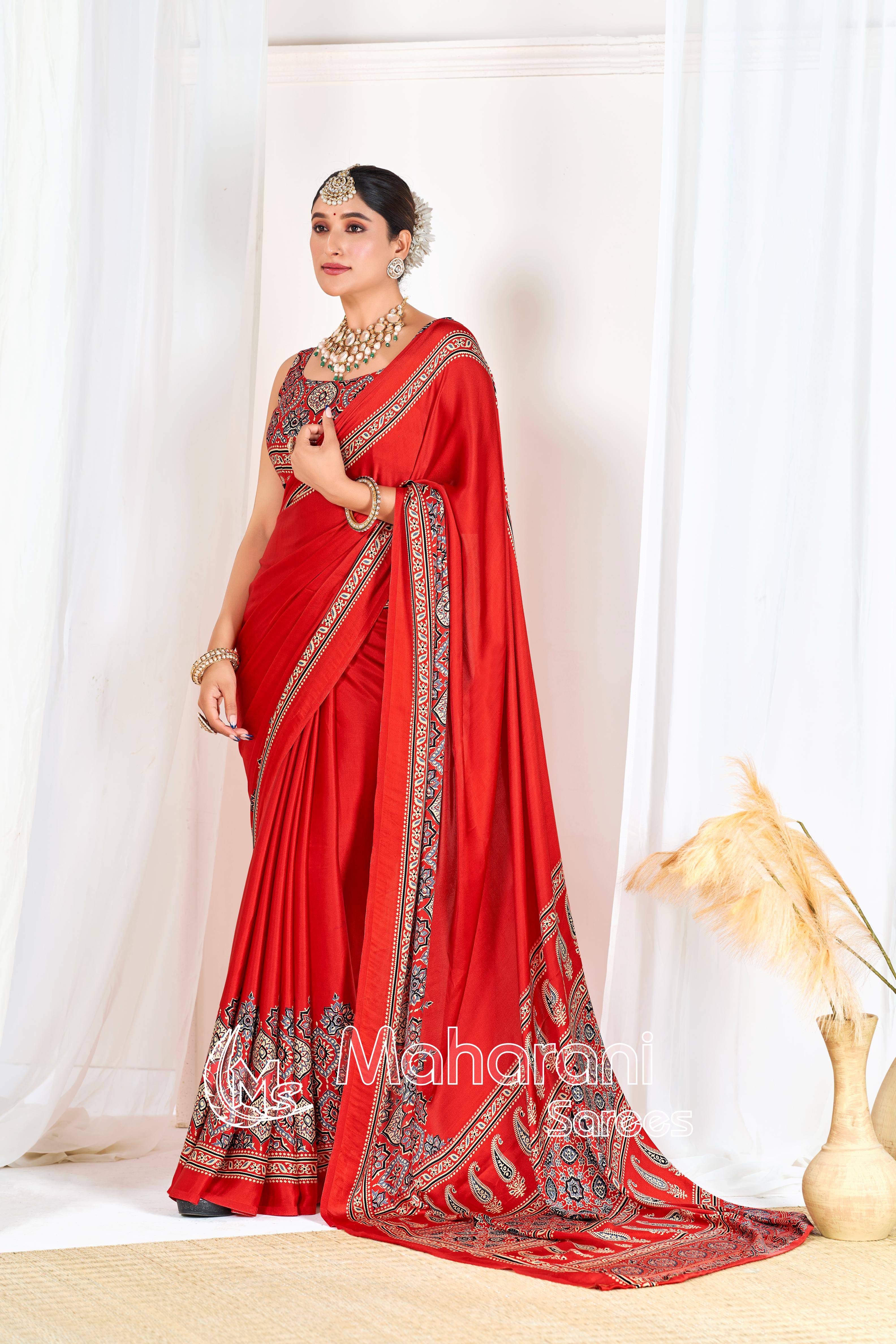 Red Ajrakh Printed Modal Silk Plain Saree With Ajrakh Blouse P6