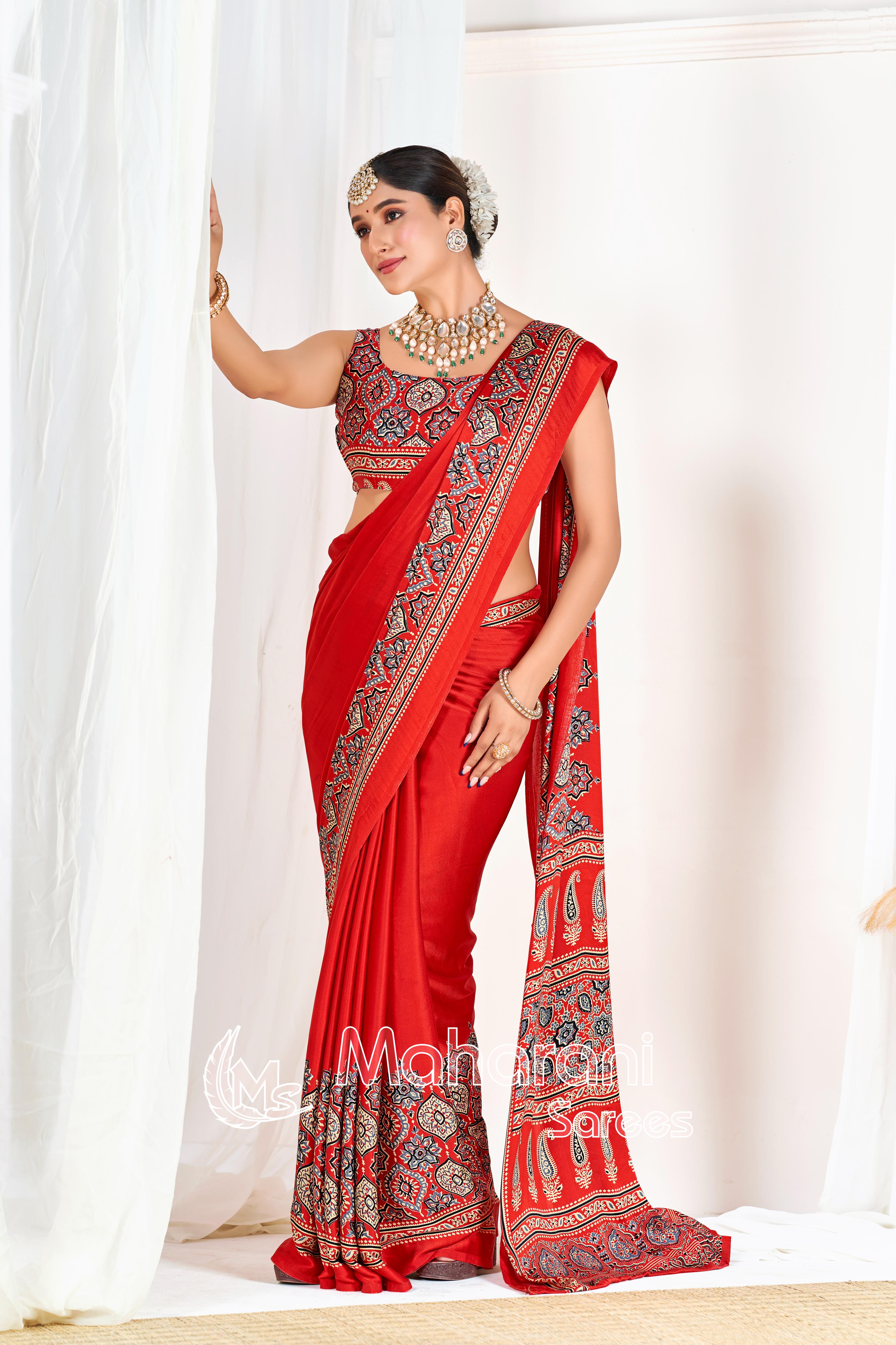 Red Ajrakh Printed Modal Silk Plain Saree With Ajrakh Blouse P6