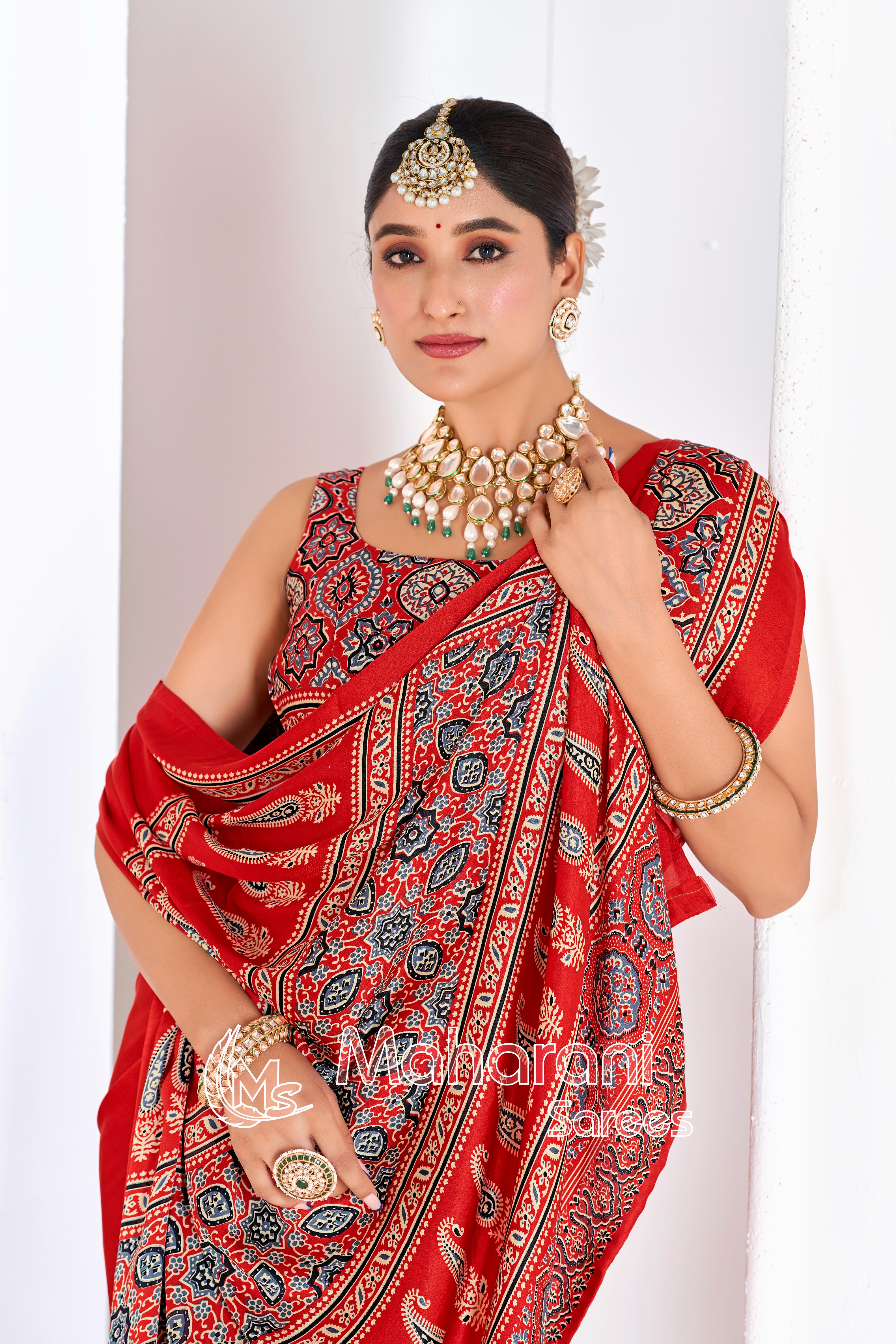 Red Ajrakh Printed Modal Silk Plain Saree With Ajrakh Blouse P6