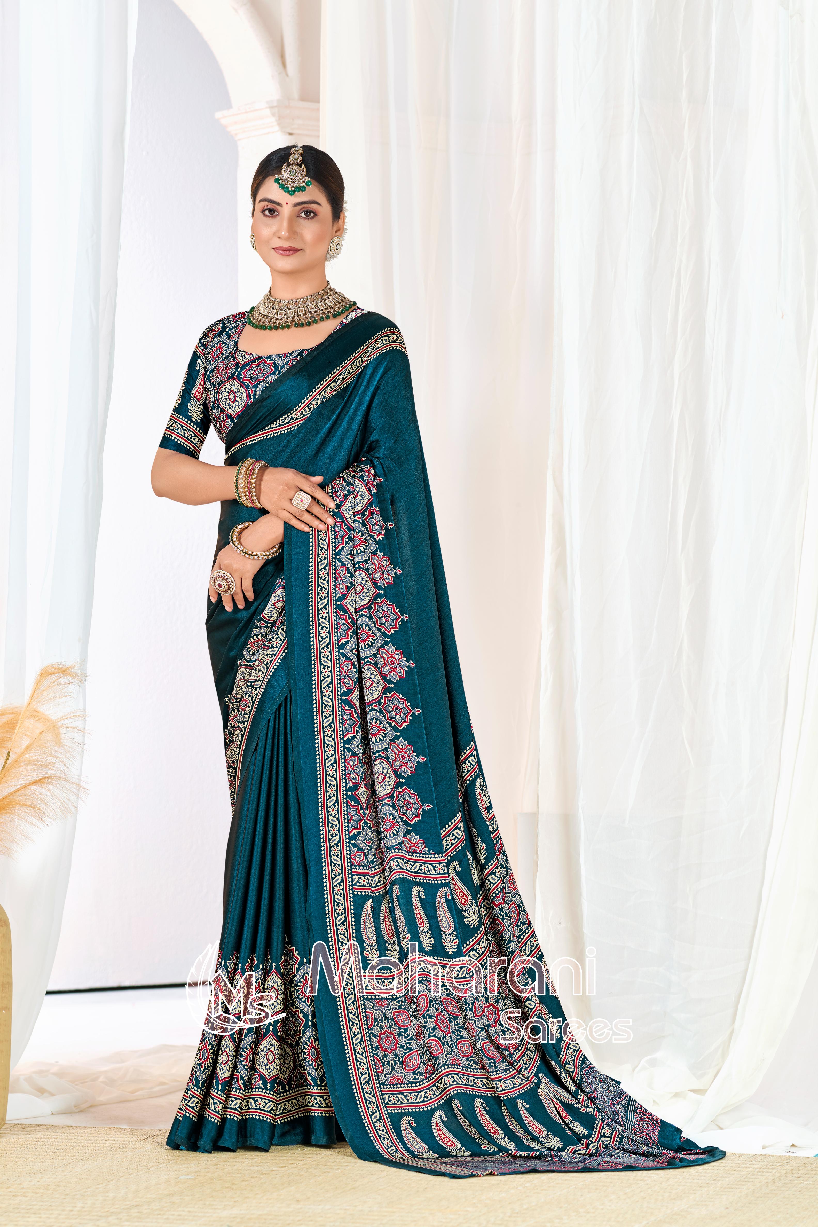 Indigo Morpich Ajrakh Printed Modal Silk Plain Saree With Ajrakh Blouse P6