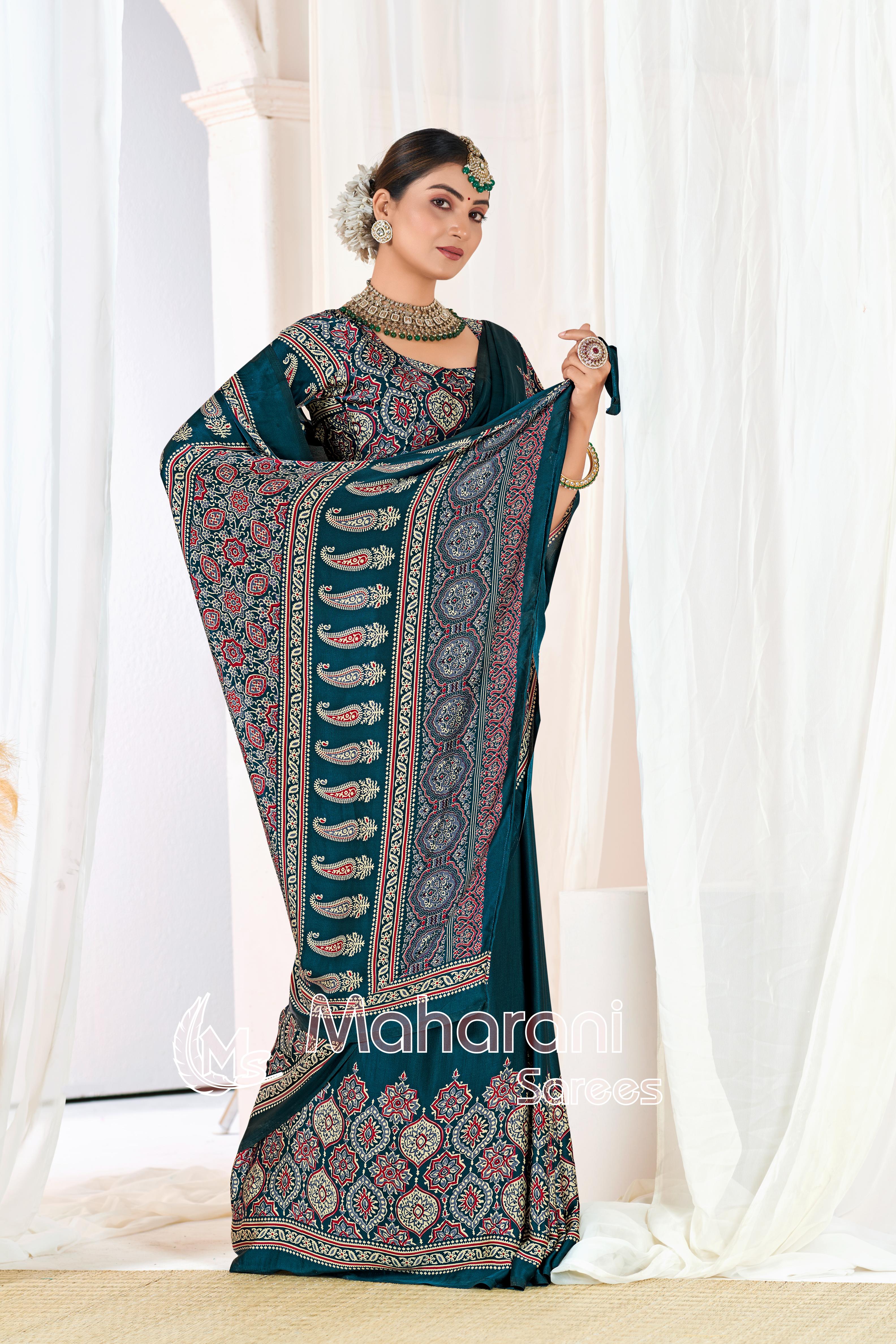 Indigo Morpich Ajrakh Printed Modal Silk Plain Saree With Ajrakh Blouse P6