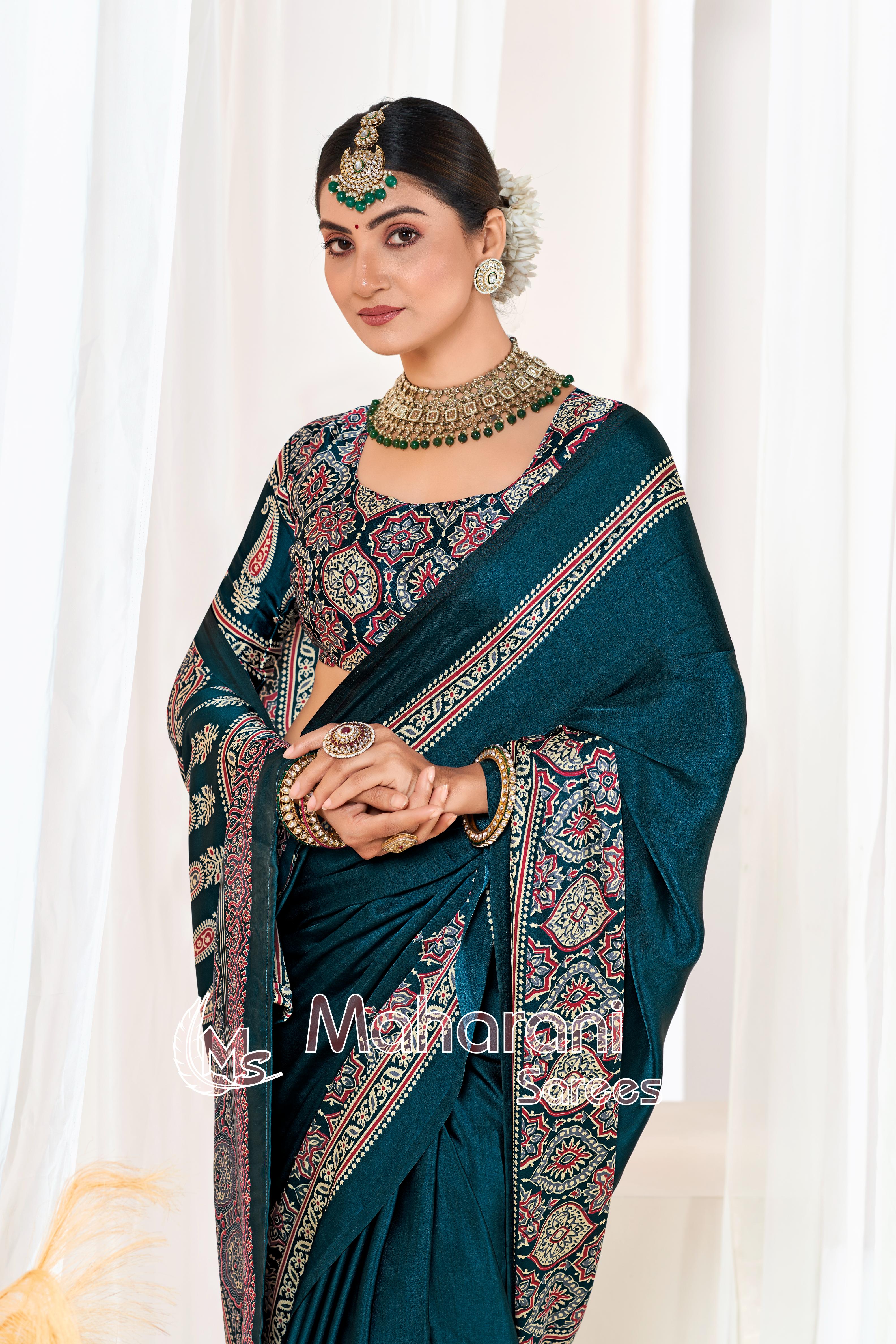 Indigo Morpich Ajrakh Printed Modal Silk Plain Saree With Ajrakh Blouse P6