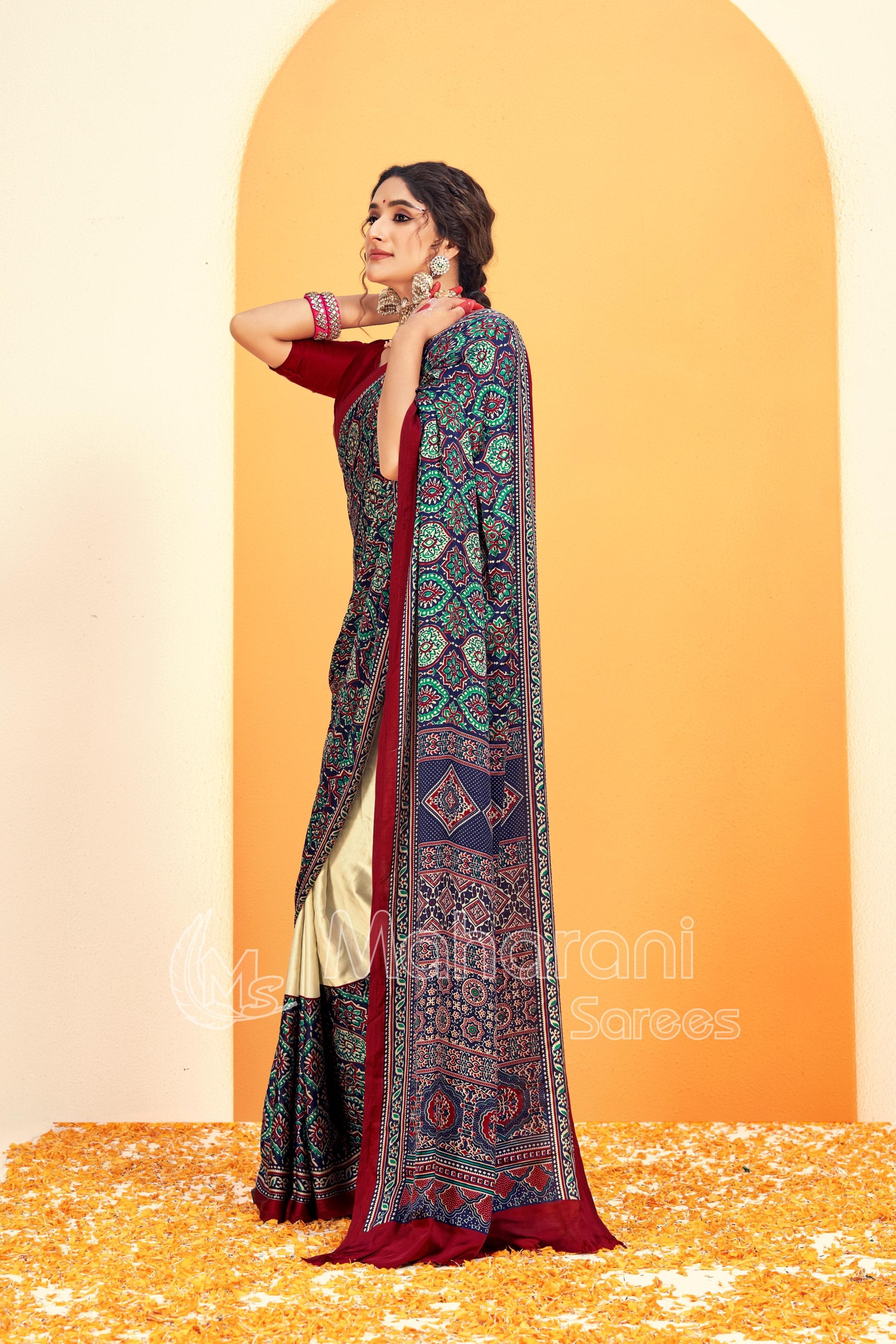 Maroon and Blue Ajrakh Printed Soft Modal Silk Natural Print Saree P5