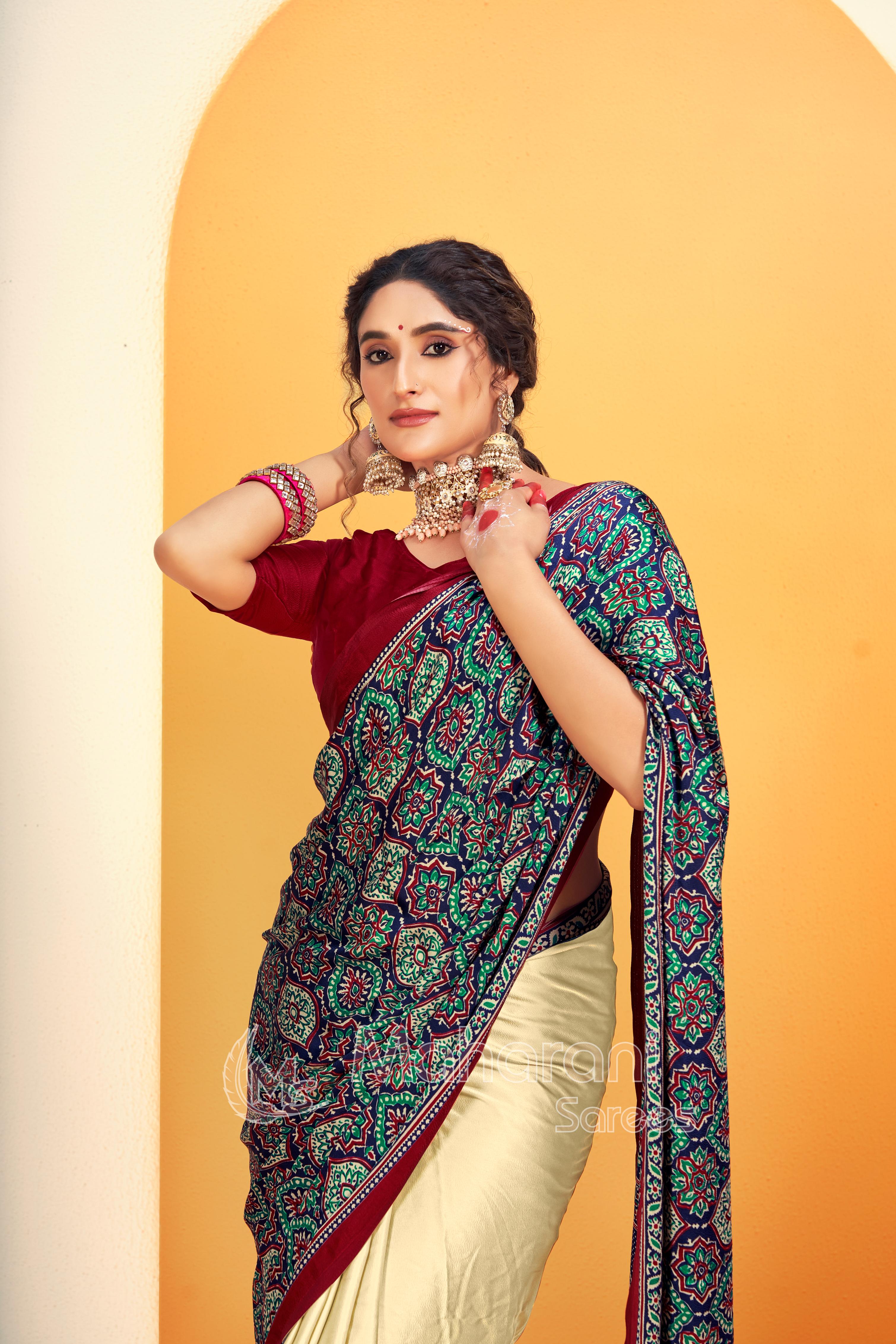 Maroon and Blue Ajrakh Printed Soft Modal Silk Natural Print Saree P5