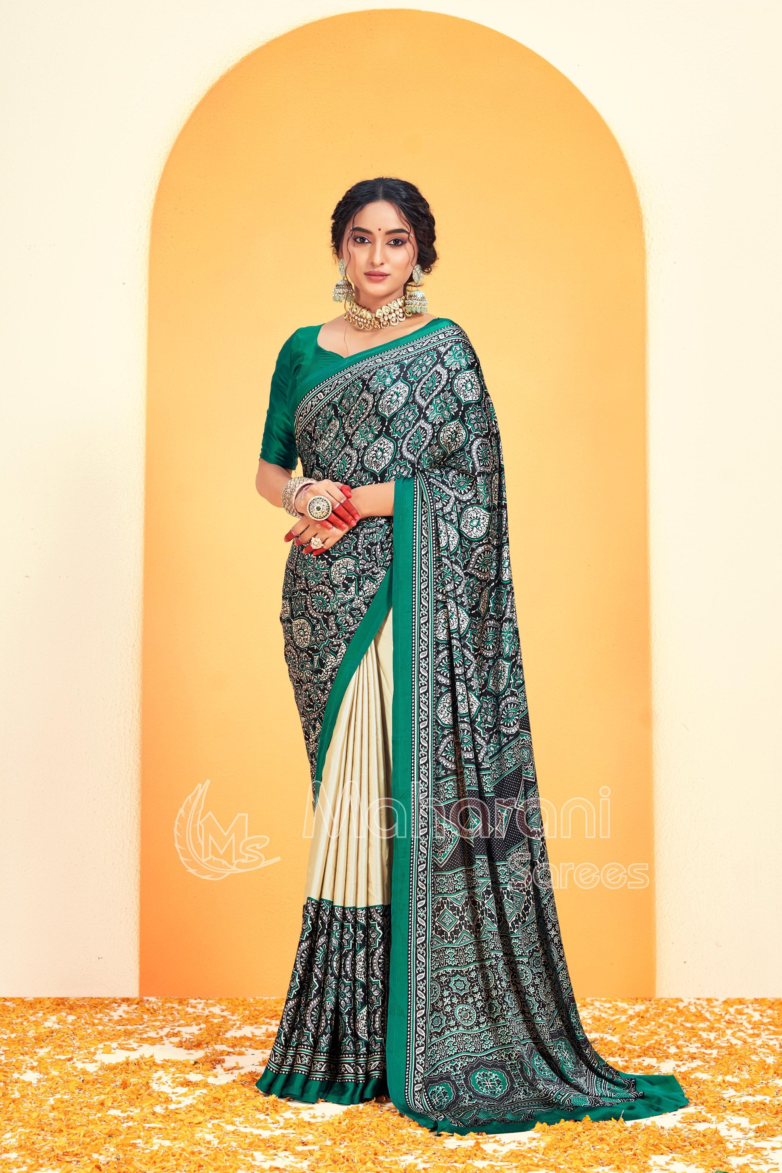 Soft Green Ajrakh Printed Soft Modal Silk Natural Print Saree P5