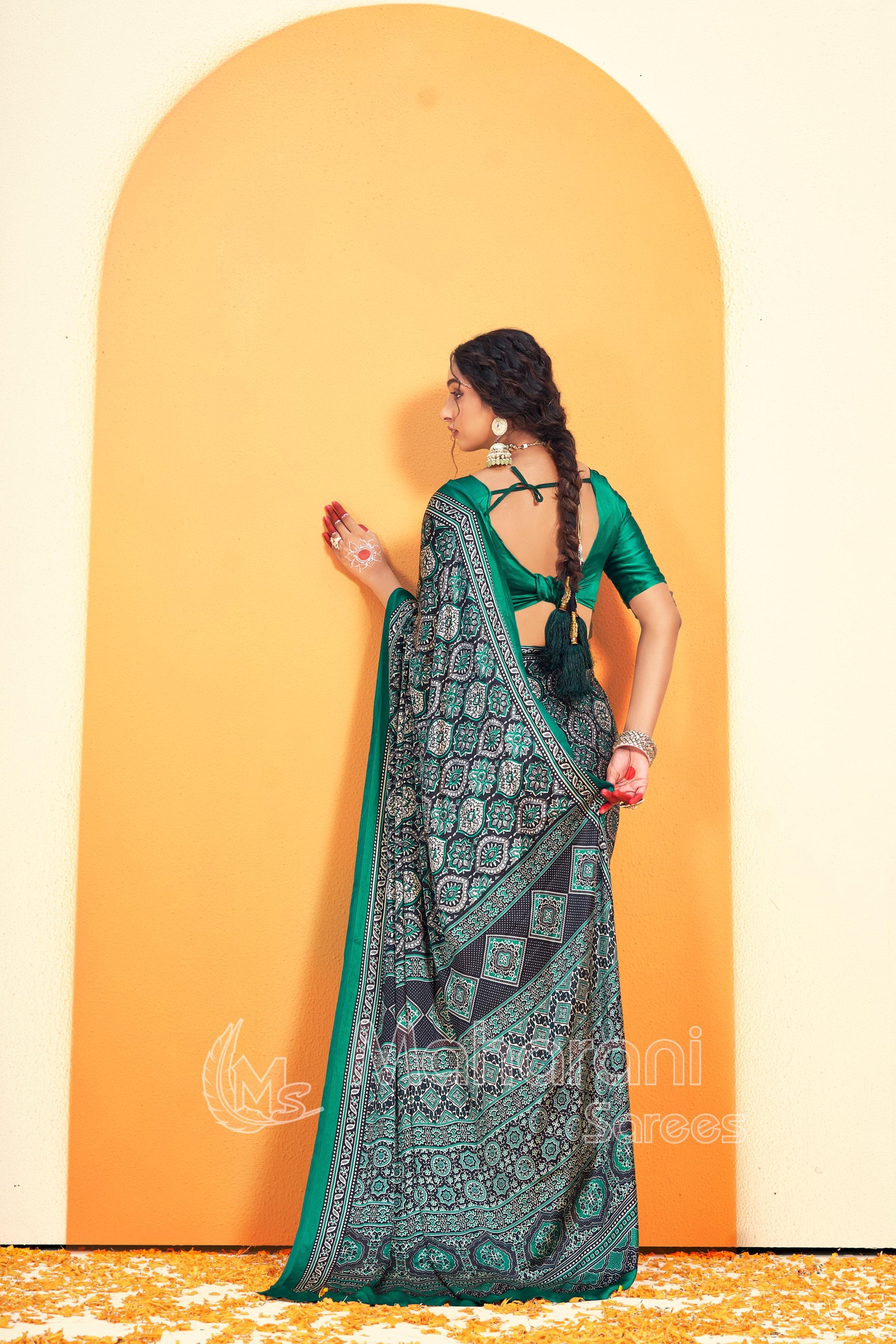 Soft Green Ajrakh Printed Soft Modal Silk Natural Print Saree P5