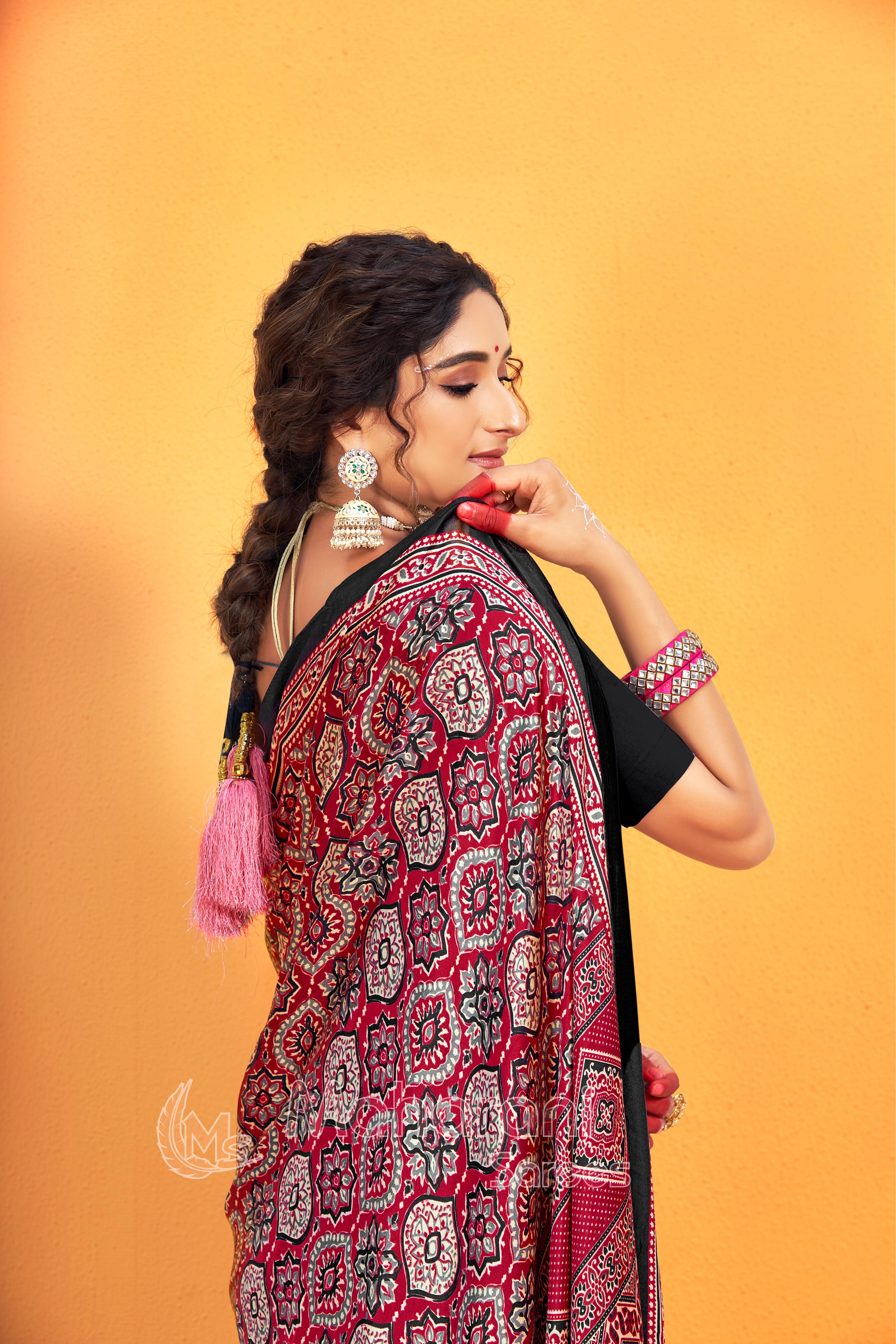 Black Ajrakh Printed Soft Modal Silk Natural Print Saree P5