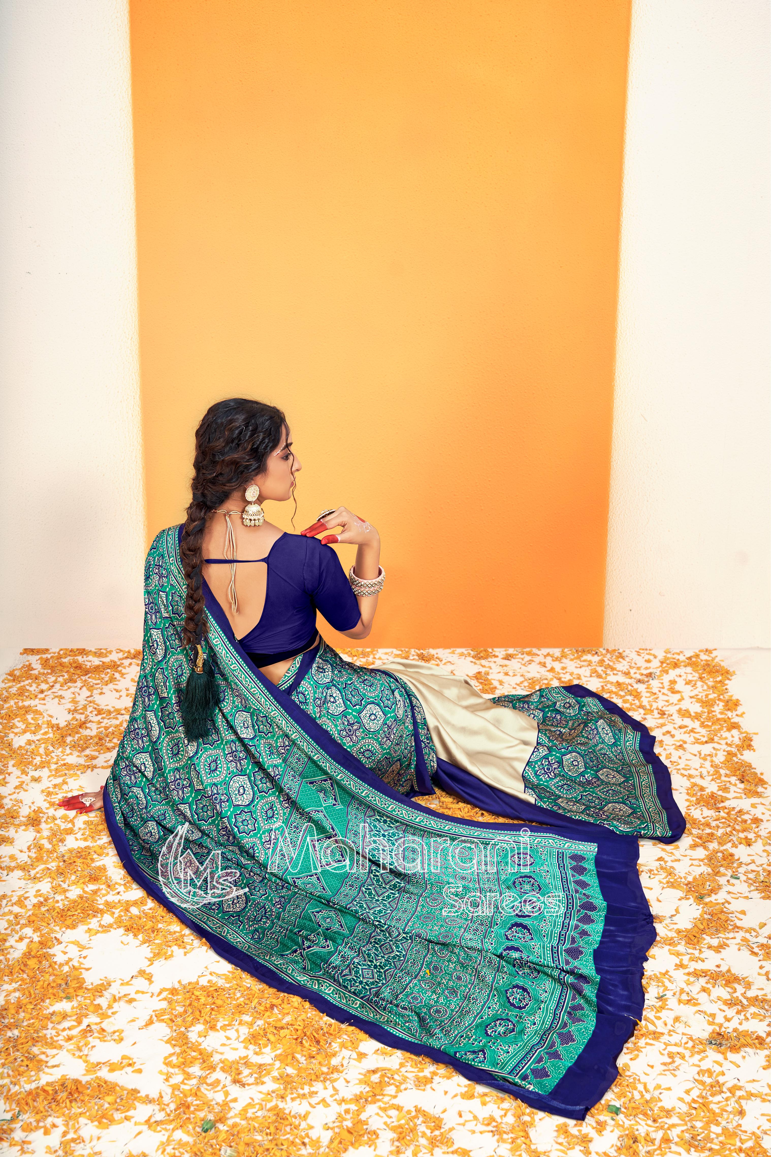 Blue Ajrakh Printed Soft Modal Silk Natural Print Saree P5