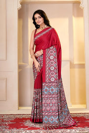 Ideal Maroon Ajrakh Real Mirror Modal Silk Saree With Blouse
