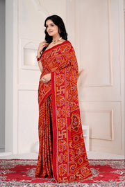 Red soft cotton modal bandhani Aari Work Saree With Blouse