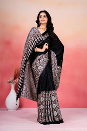RIch Black Ajrakh Real Mirror Modal Silk Saree With Blouse