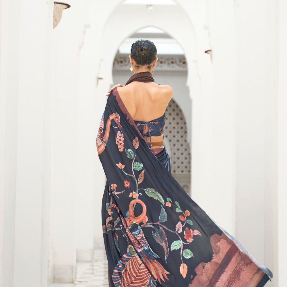 Dark Black Digital Printed Crepe Silk Saree