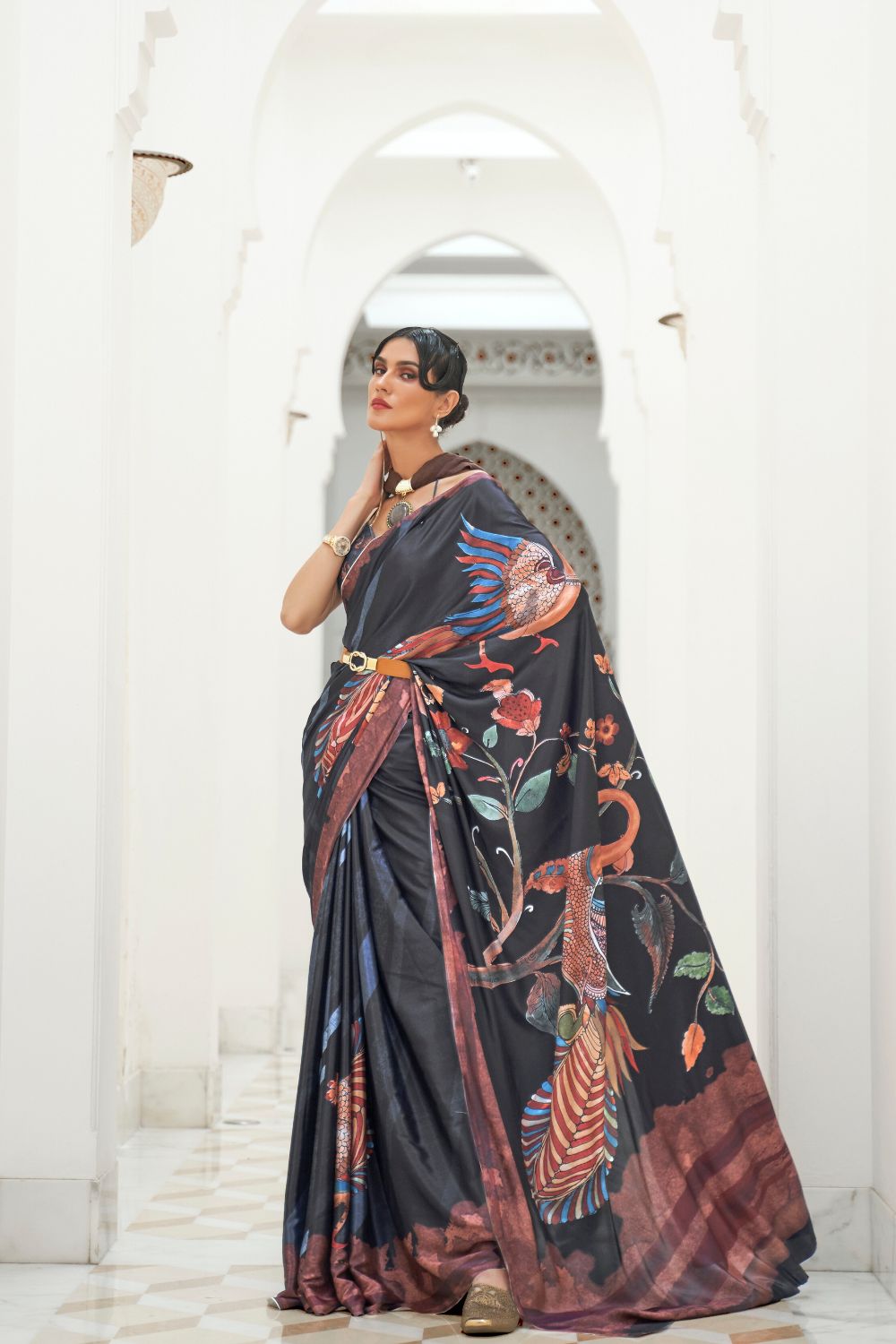 Dark Black Digital Printed Crepe Silk Saree