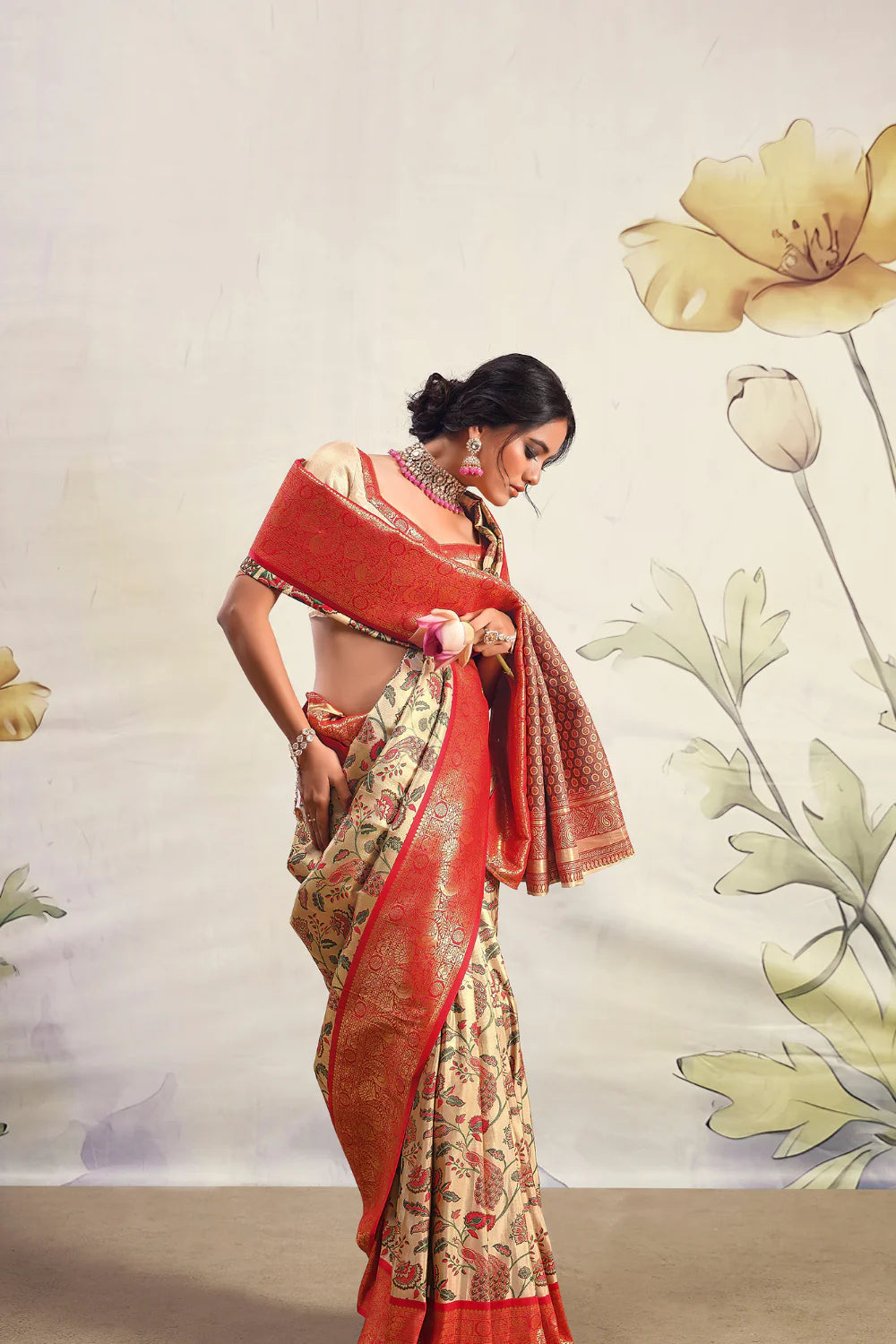 Warm Cream & Red Pure Silk Saree