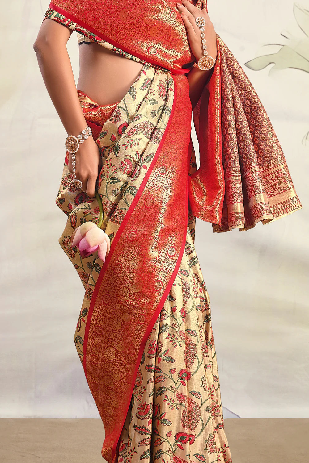 Warm Cream & Red Pure Silk Saree