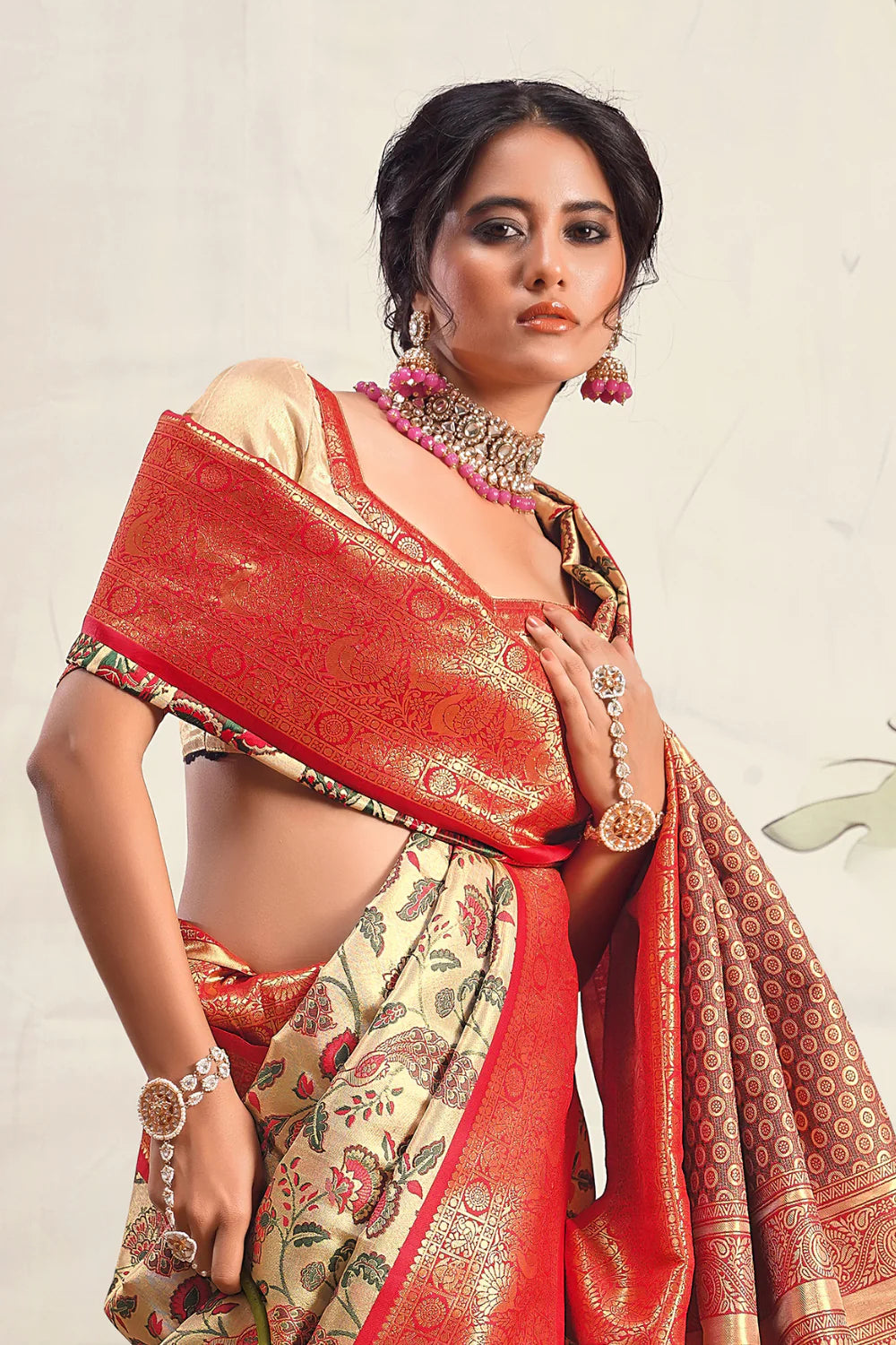 Warm Cream & Red Pure Silk Saree