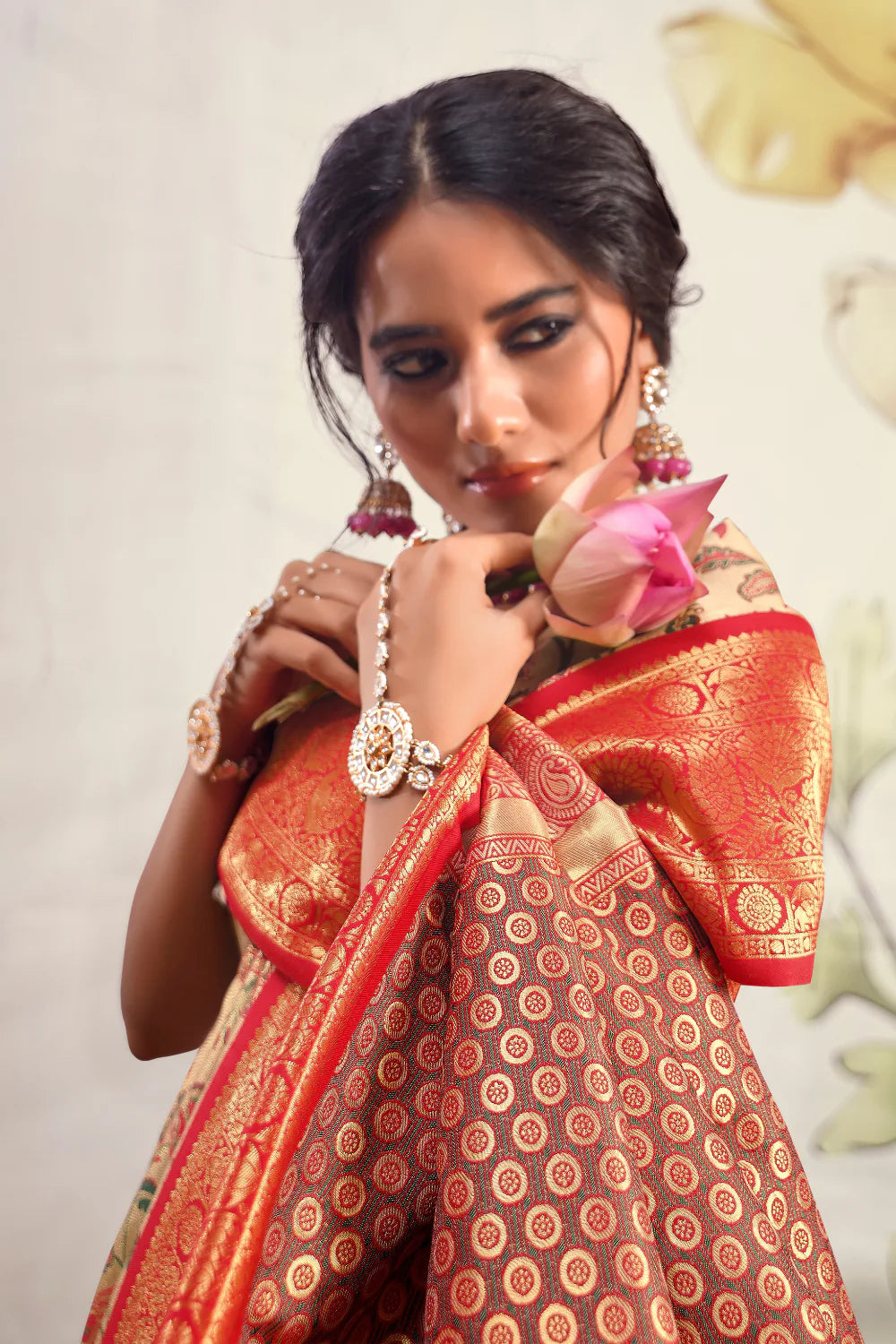 Warm Cream & Red Pure Silk Saree