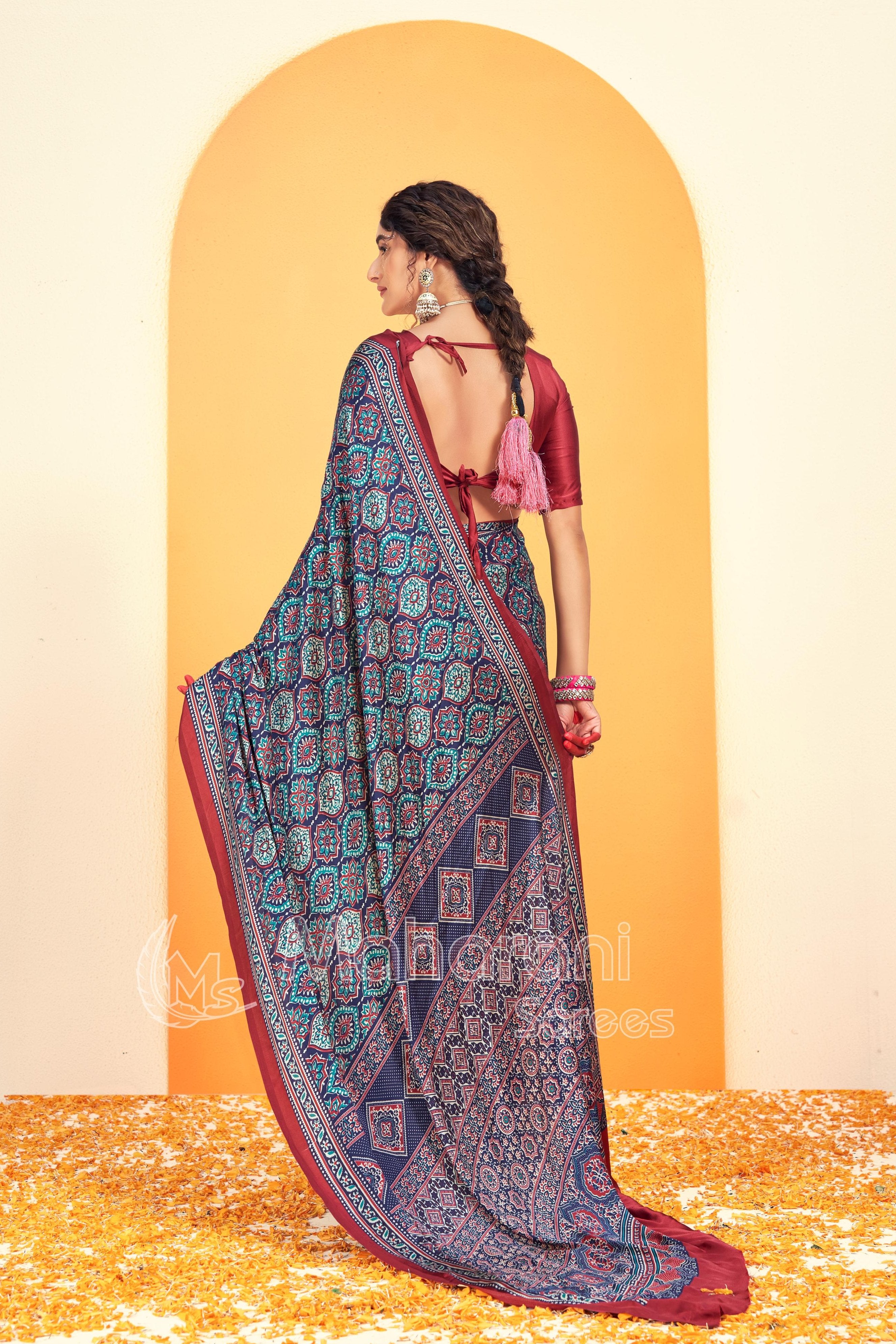 Maroon and Blue Ajrakh Printed Soft Modal Silk Natural Print Saree P5