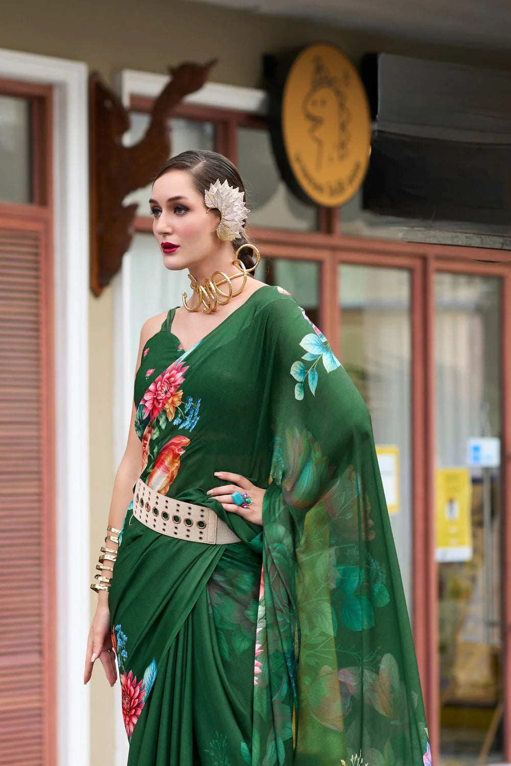 Timeless Green Floral Pure Georgette Saree